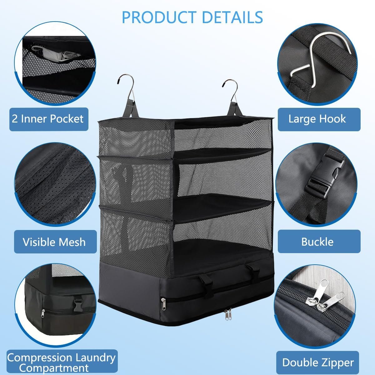 Private Label Portable Hanging Travel Packing Shelves Organizer for Luggage Compression Cube Bag Factory Custom Logo Black XL Capacity