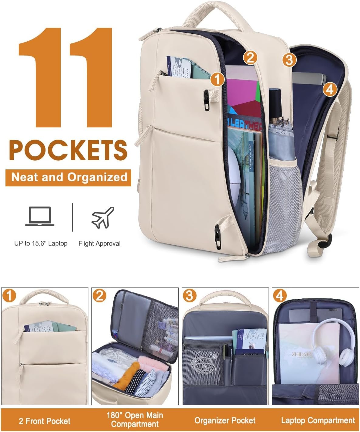 Custom Logo Waterproof Laptop Travel Backpack Airlines Approved Carry On for Men Women Private Label Fits 15.6 Inch Laptop from Factory (Beige)