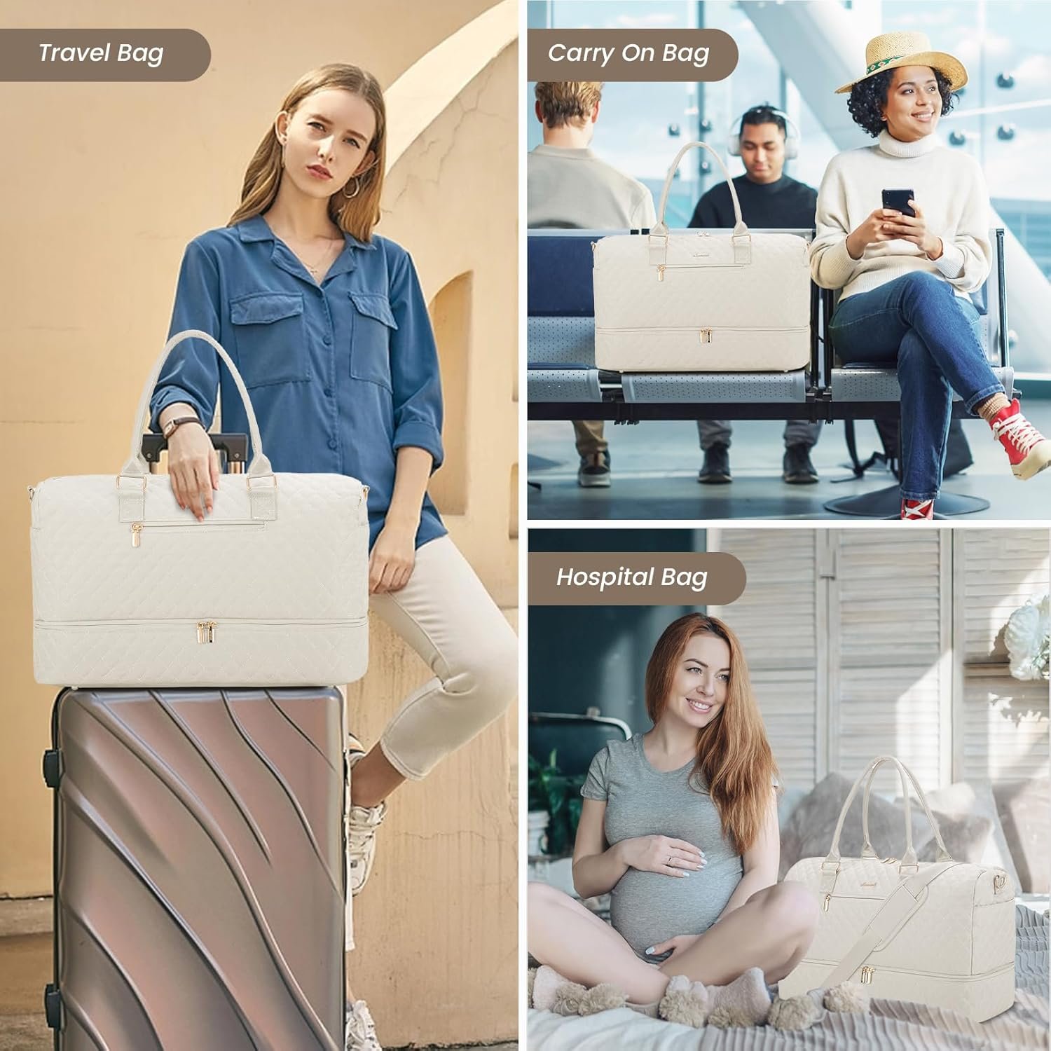 Private Label Travel Duffle Bag for Women Weekender Overnight Carry On Gym Duffel with Shoe Compartment Toiletry Bag Wet Pocket Custom Logo Hospital Labor Delivery Bag Manufacturer 3 Pcs Set