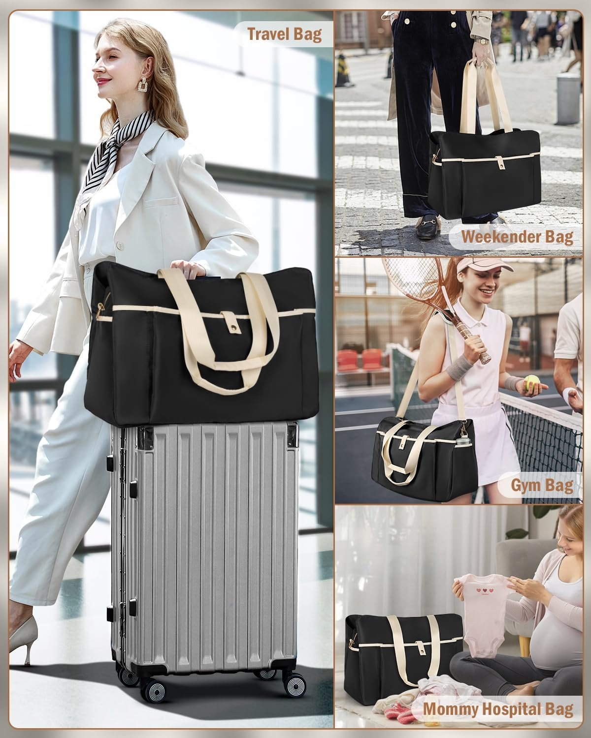 Private Label Large Tote Gym Weekender Travel Duffel Overnight Carry On Hospital Bag for Women with Custom Logo Wet Pocket Manufacturer Black