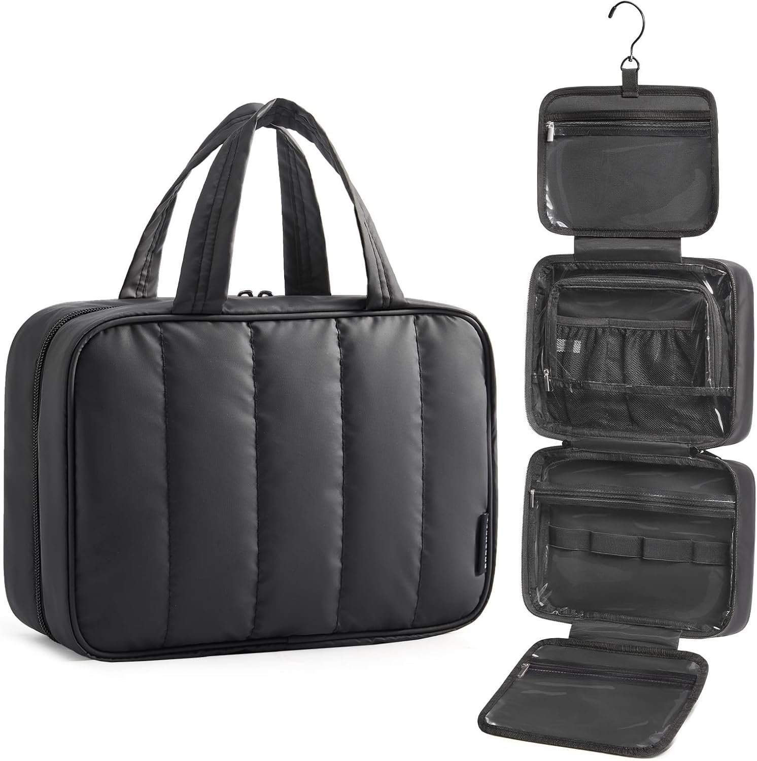 Manufacturer of Custom Logo Travel Toiletry Bag, Portable Hanging Hook Makeup Organizer for Women, Private Label Waterproof Cosmetic Bag for Full-Size Toiletries Accessories Black