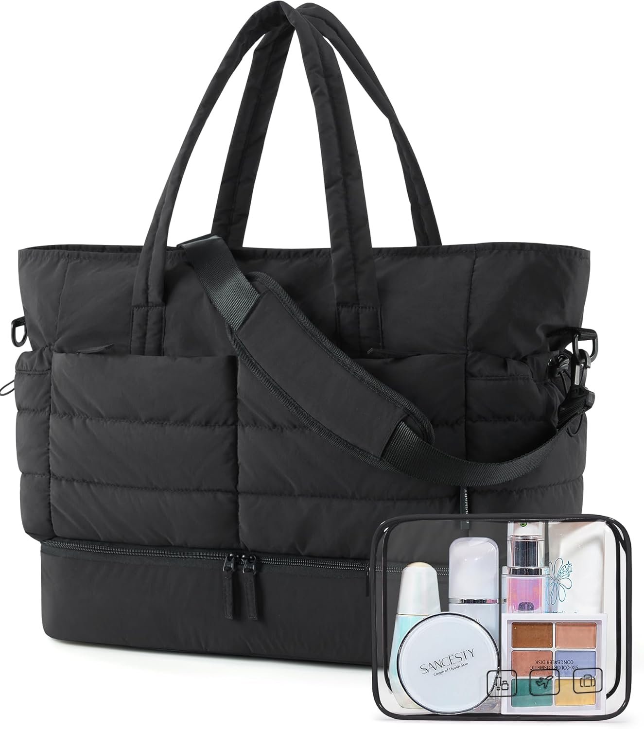 Private Label Large Travel Duffel Bag with Shoe Compartment Custom Logo Puffer Carry-On Gym Weekender for Women Charcoal Manufacturer Private Label Large Travel Duffel Bag with Shoe Compartment Custom Logo Puffer Carry-On Gym Weekender for Women Charcoal Manufacturer