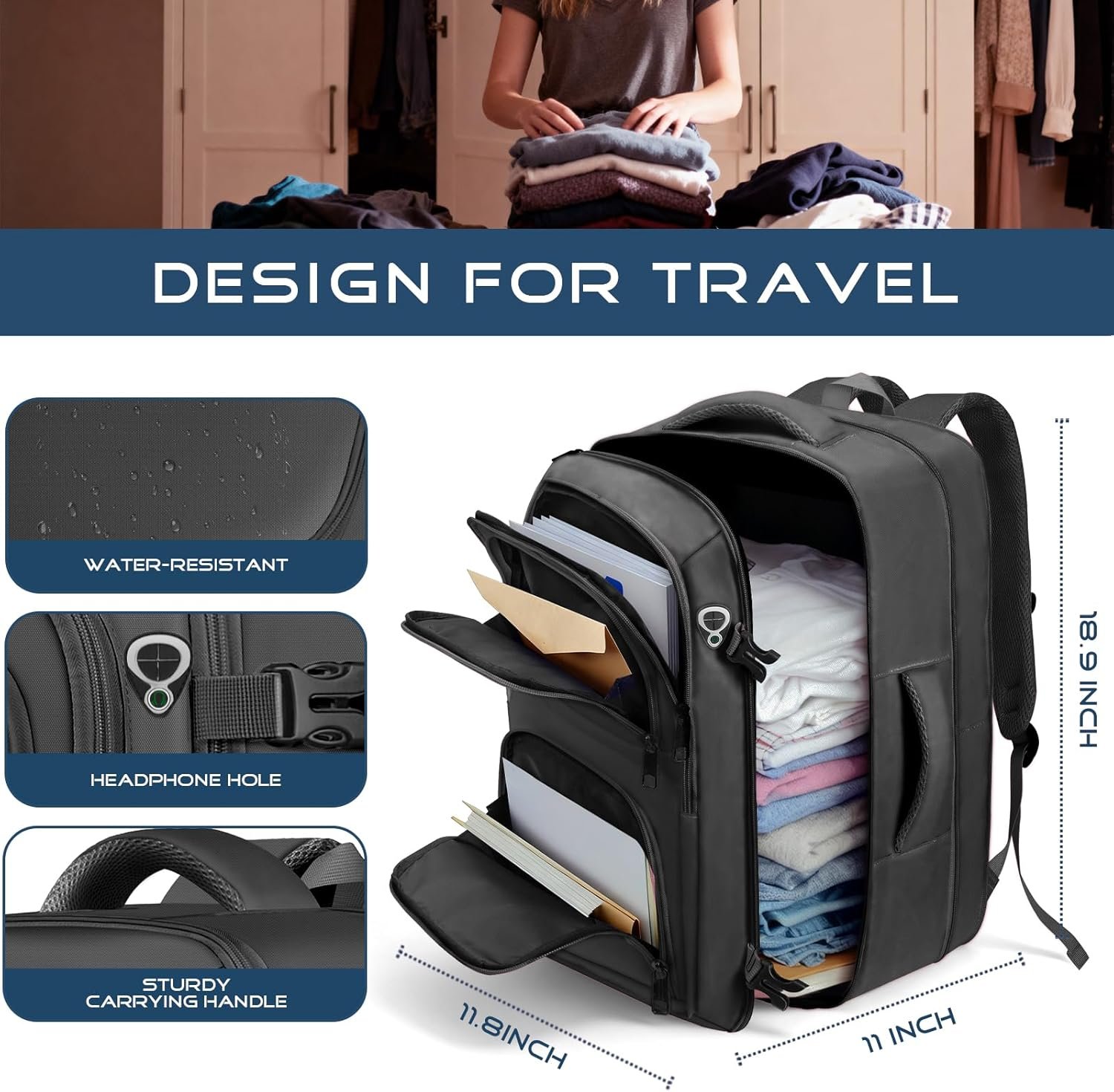 Private Label Travel Backpack Expandable Carry-On for Men TSA Approved 17.3 Inch Laptop Bag Flight Approved Lightweight Business Luggage with Custom Logo for Men Women Black Factory Direct