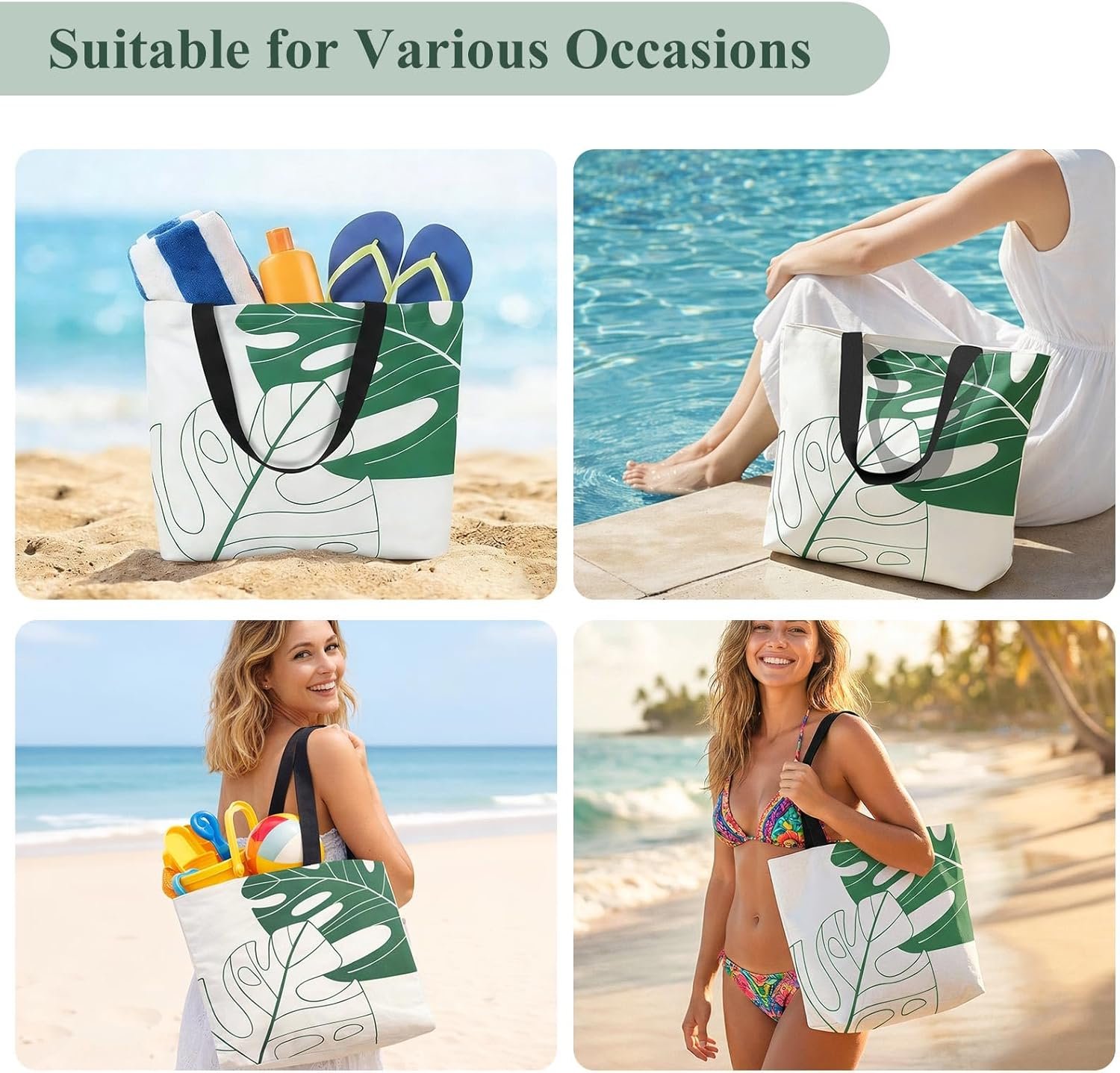 Custom Logo Zipper Beach Tote Bag 15x18in Waterproof Expandable Lightweight Large Capacity Manufacturer Tear-Resistant Shoulder Bag Private Label Versatile for Swimming Pool Travel Shopping