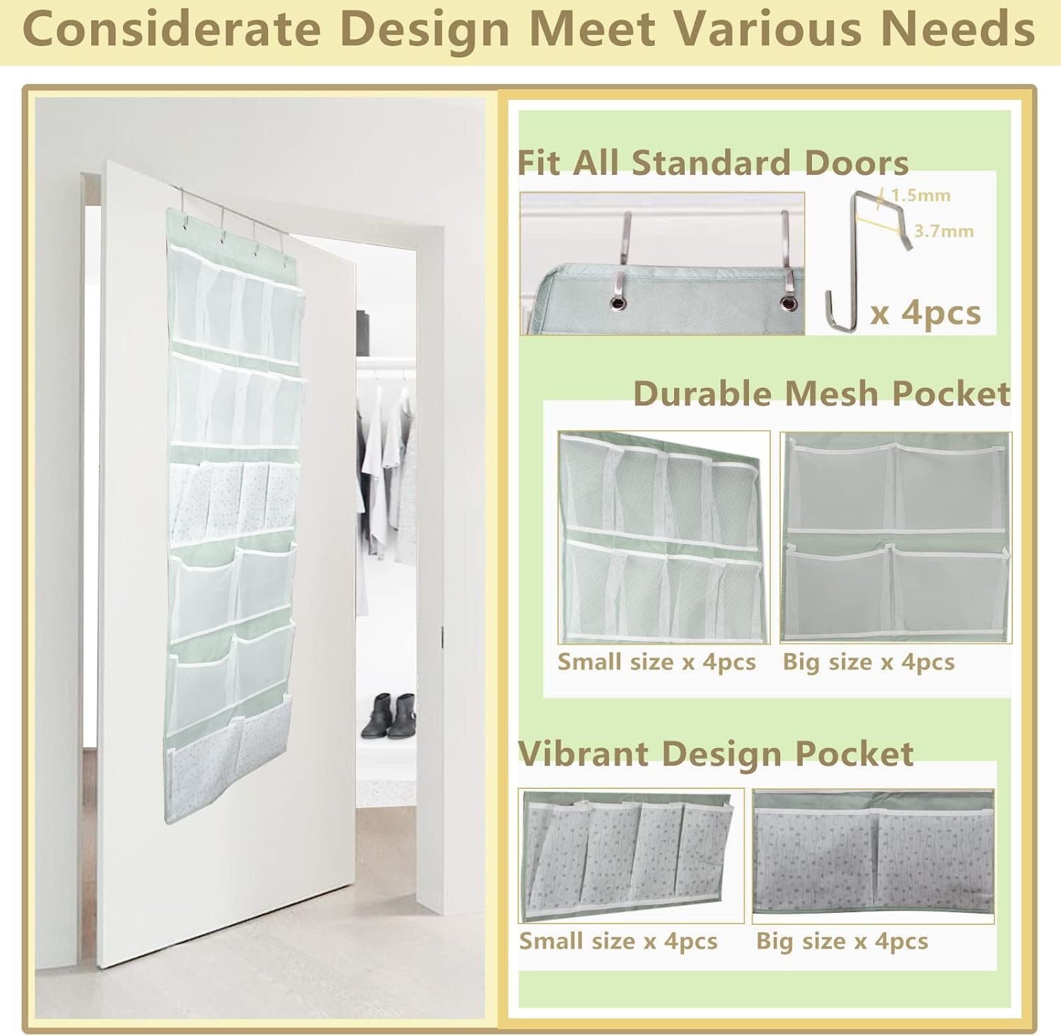 Private Label 18-Pocket Over-the-Door Organizer with 4 Kinds of Pockets and Custom Logo Behind-Door Shoe Rack Closet Storage for Socks Hat Underwear Luggage Packing Hanging Shelf Home Dorm Travel Green Supplier