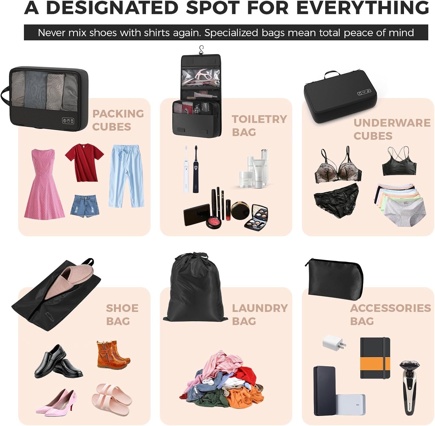 Custom Logo Ultralight 8-Set Compression Packing Cubes for Travel Private Label Suitcase Luggage Organizers with Toiletry Laundry Bags Manufacturer Black