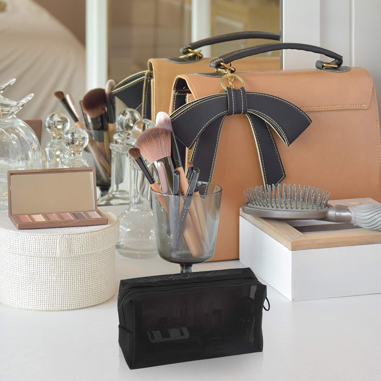 Manufacturer 3 Piece Mesh Cosmetic Makeup Bags with Zipper Pouch Custom Logo Travel Toiletry for Makeup Organizer Home Office Private Label Accessories Black