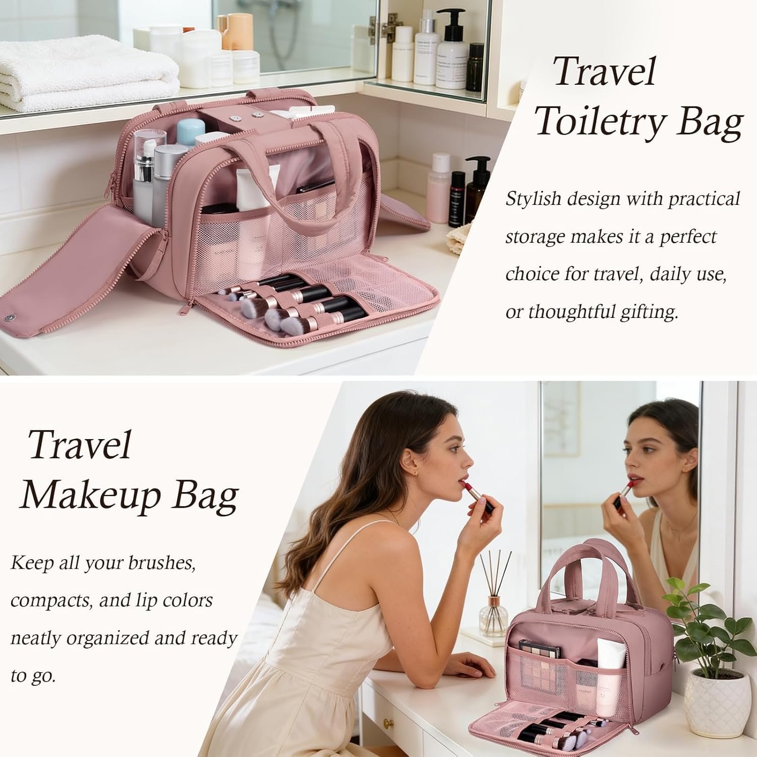 Supplier Large Wide-Open Puffy Travel Toiletry Bag Custom Logo Lightweight Quilted Makeup Cosmetic Organizer Water-Resistant with Handle Dark Pink Private Label