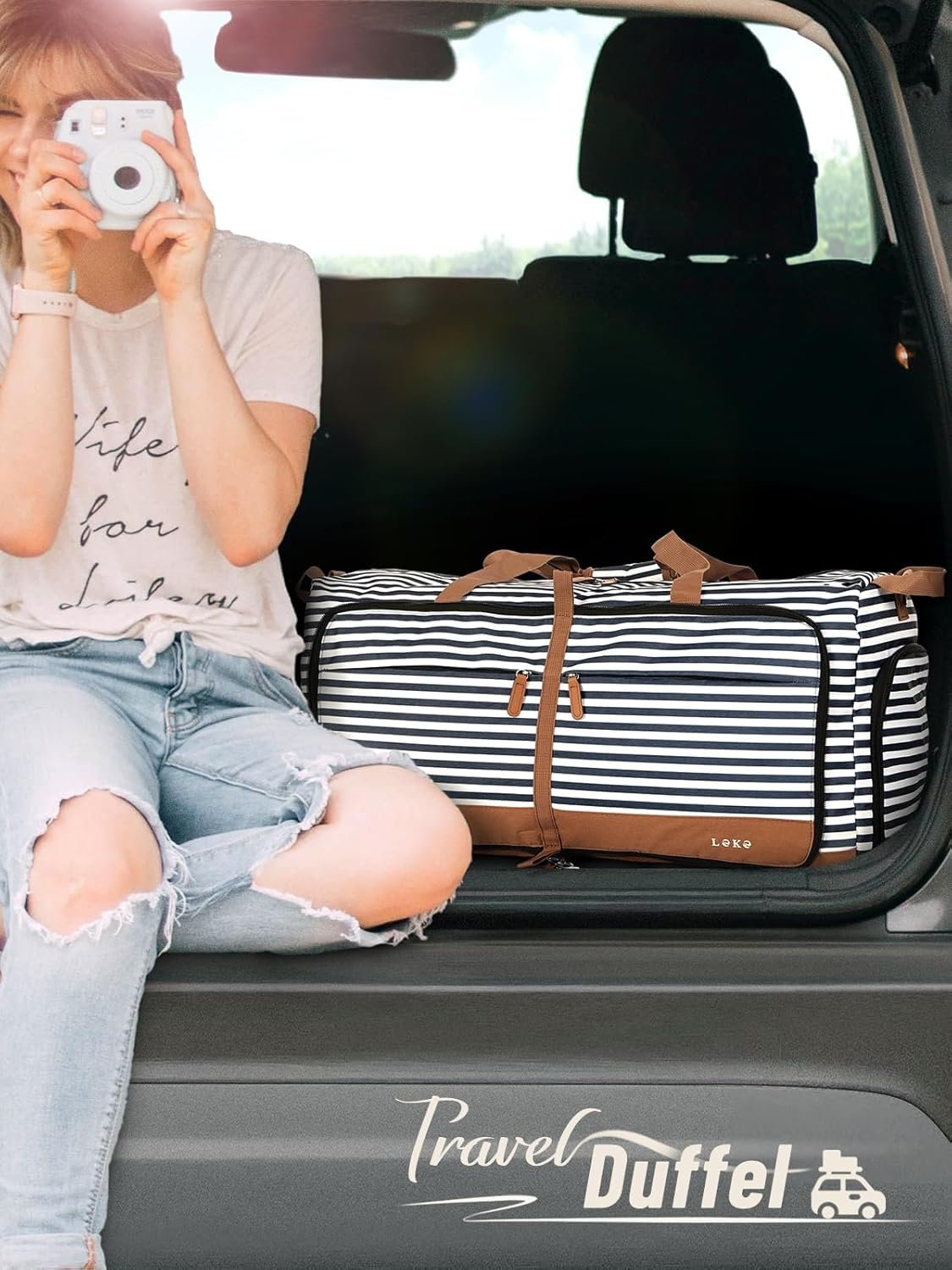 Private Label Foldable 80L Travel Duffel Bag for Women with Separate Shoe Compartments and Straps Custom Logo Carry-On Weekend Hospital Overnight Bag Blue Stripes Manufacturer