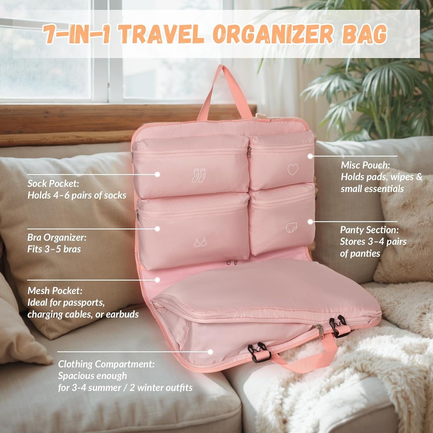 Manufacturer Hanging Packing Cubes, Private Label Garment Bags for Travel and Storage, Travel Apparel Bags for Men Women with 5 Solid Color Pockets, Custom Logo Storage for Clothes Socks Underwear Carry on Suitcase (Pink)