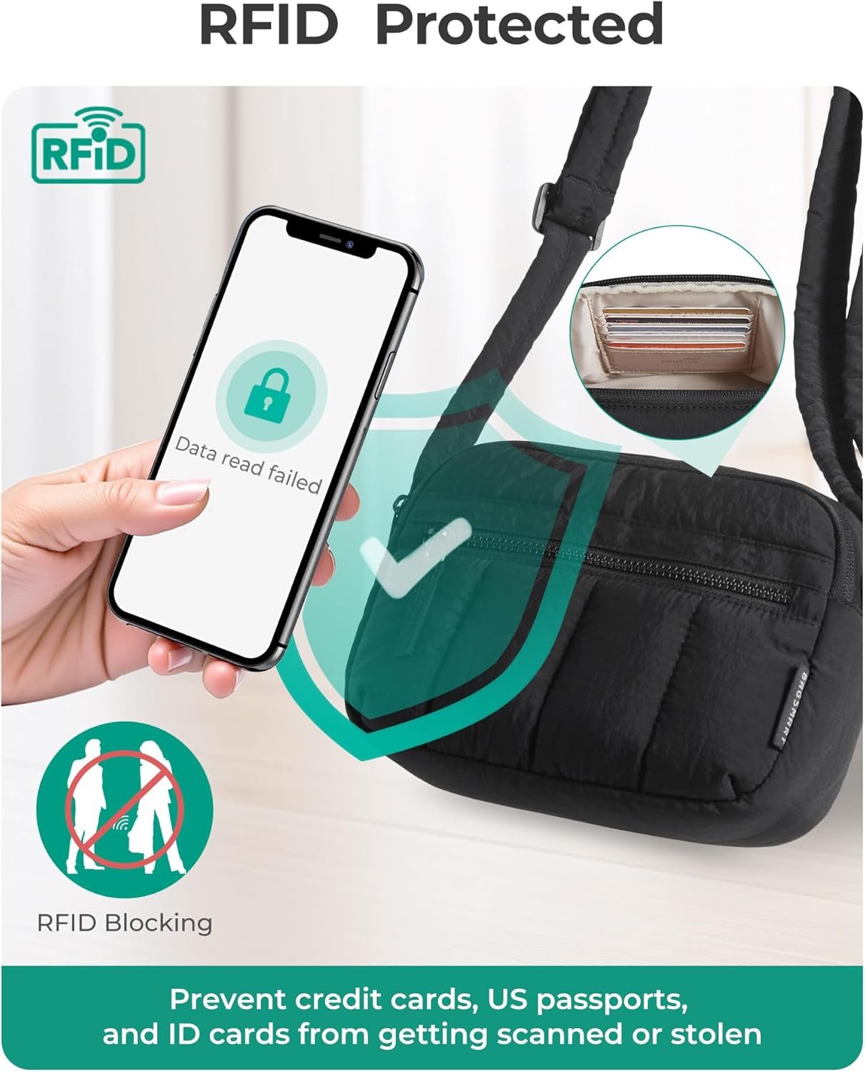 Manufacturer Mini Crossbody Purse for Women Travel Puffy Shoulder Handbag Wallet with Custom Logo RFID Blocking Slots Private Label Black Small