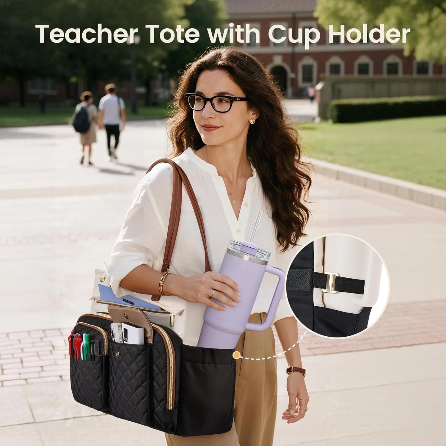 Private Label Teacher Tote Bag for Women Laptop 15.6 Inch with Large Cup Holder Custom Logo Multi-Pocket Nurse Water-Resistant Business Travel Briefcase Handbag Diaper Bag Mother Gift Factory