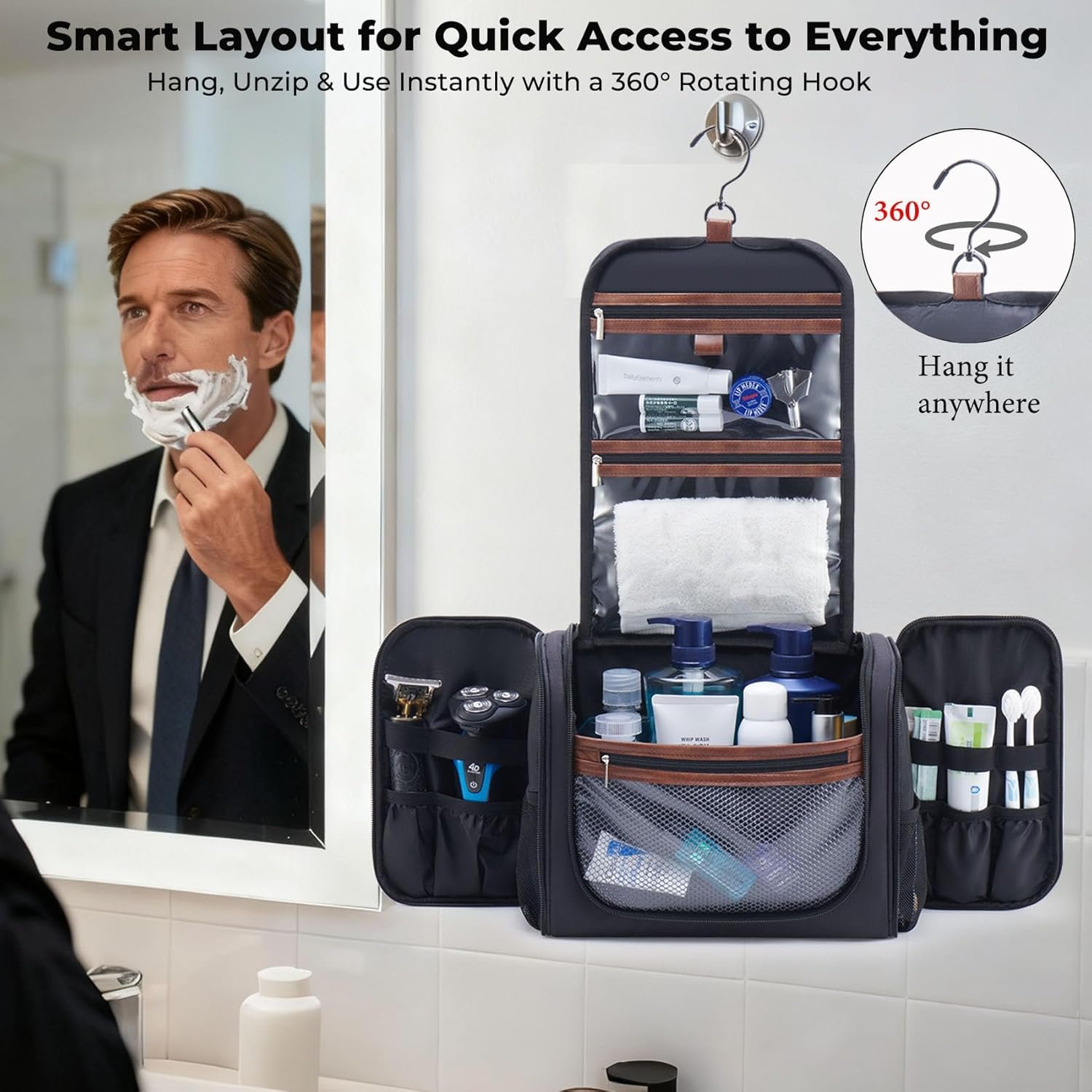 Private Label Large Hanging Toiletry Bag for Men with Hook, Custom Logo Travel Bathroom Hygiene Organizer for Shower Shaving Grooming Essentials, Black by Manufacturer