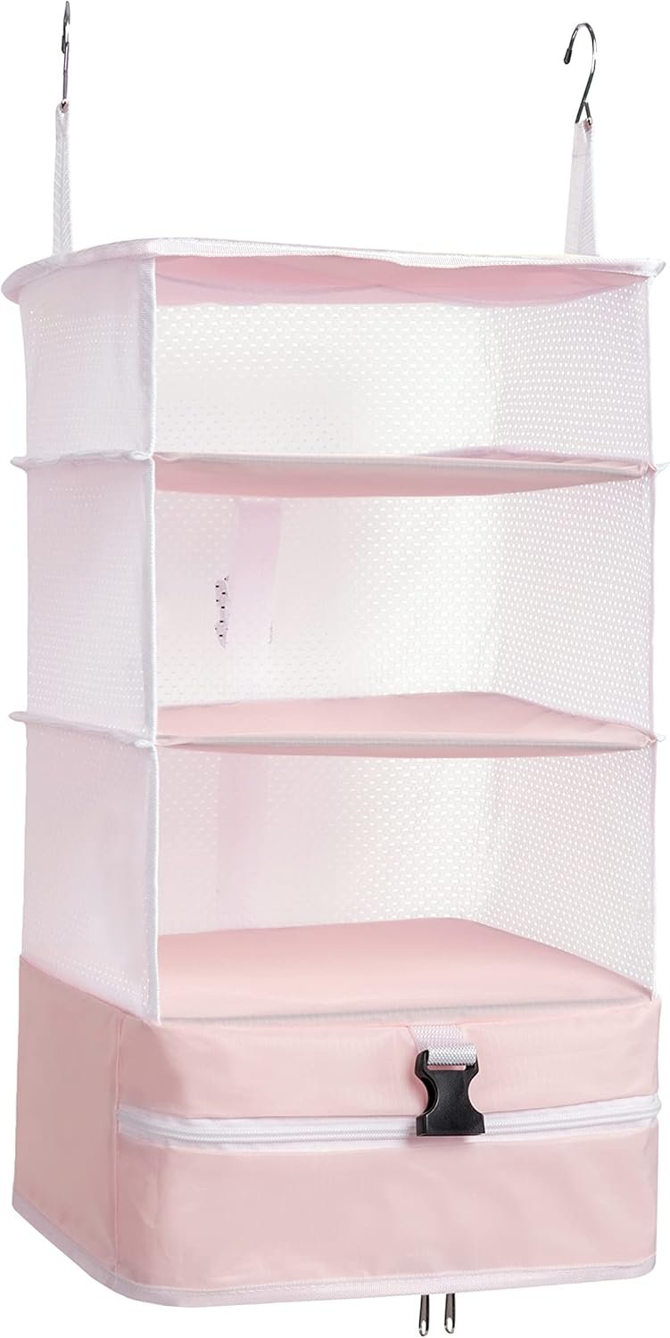 Custom Logo Hanging Packing Cubes Portable Closet Shelves Private Label Travel Collapsible Compression Garment Organizer for Carry-on Luggage Suitcase with Breathable Perforated Material Large 11.8 x 11.8 x 24 in Pink Factory