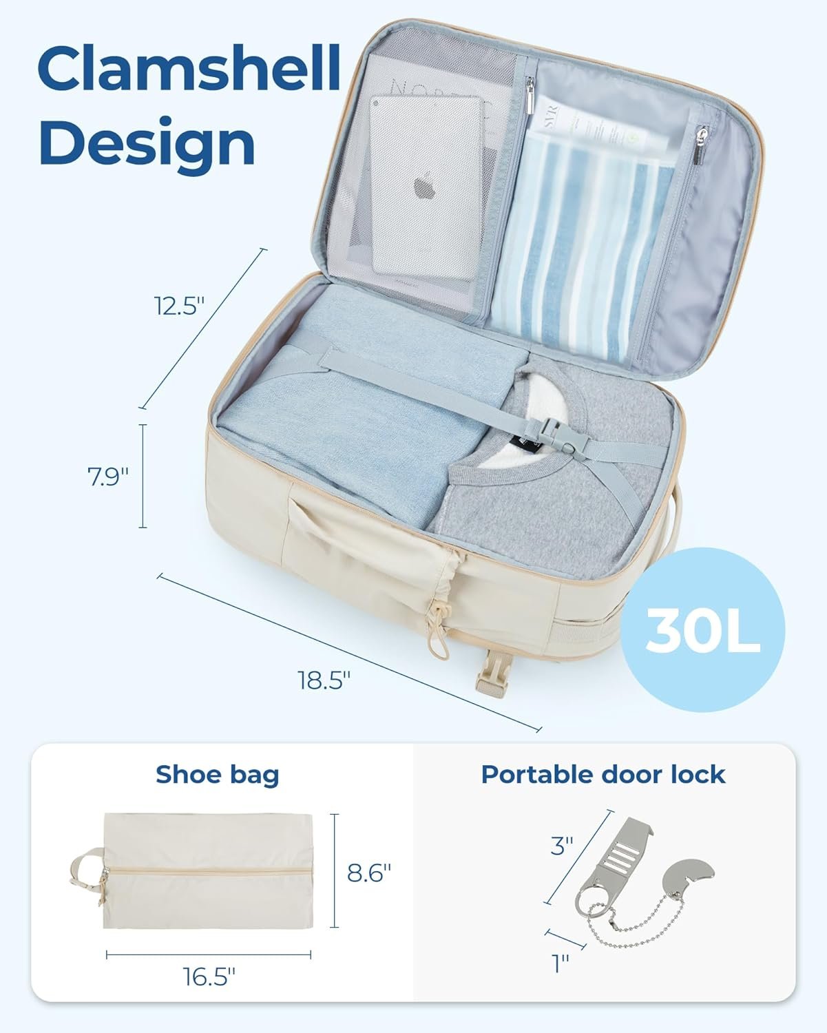 Custom Logo 17 Inch Carry On Travel Backpack Private Label Flight Approved Anti-Theft Personal Item Bag with Shoe Bag 30L Water Resistant Casual Daypack Manufacturer Beige