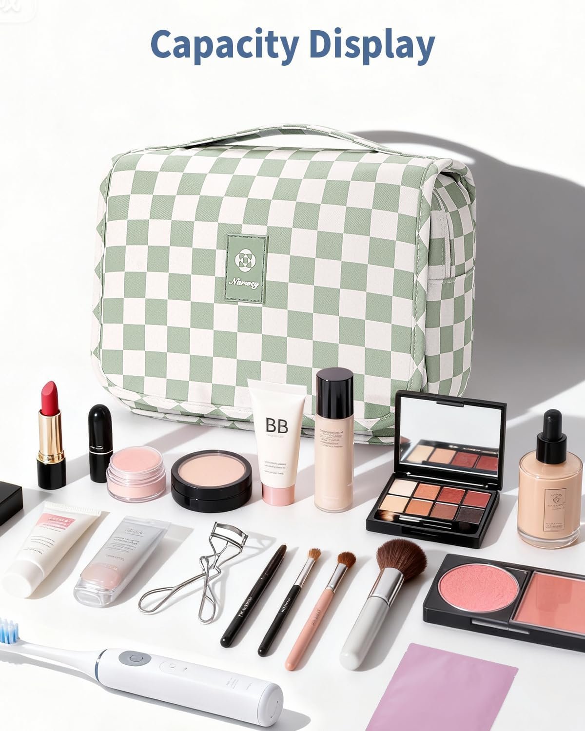 Private Label Small Hanging Travel Toiletry Bag for Traveling Women, Custom Logo Checkered Makeup Cosmetic Organizer Manufacturer (Mint Green Checkerboard)