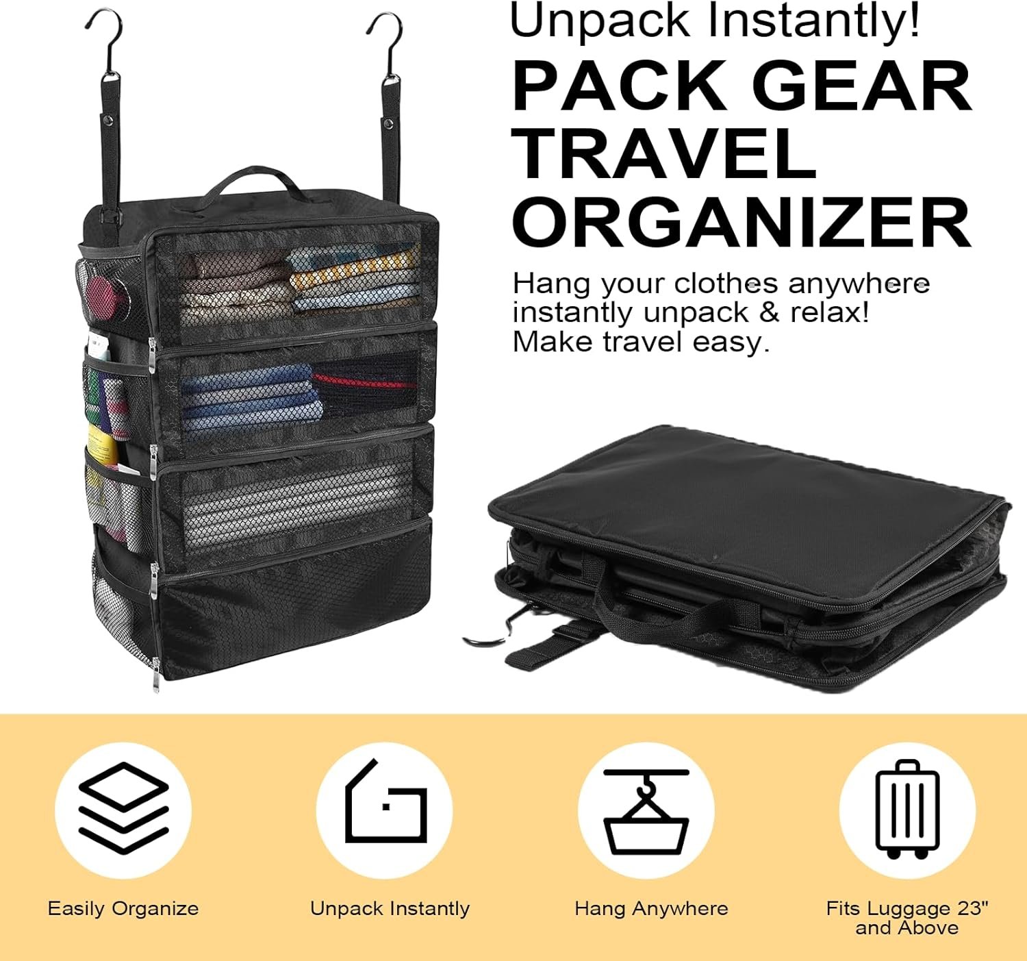 Factory Portable Hanging Collapsible Packing Cubes Suitcase Travel Organizer for Carry-On Luggage Private Label with 5 Medium Vacuum Storage Bags Hand Pump Custom Logo Black