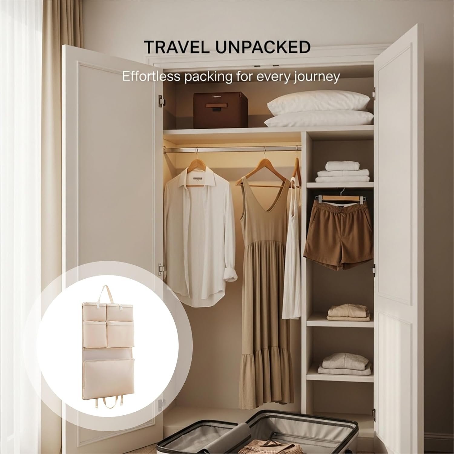 Manufacturer Travel Hanging Organizer 6-in-1 Closet Suitcase with Custom Logo Multi-Layer Pockets Portable Packing Cubes for Clothes and Underwear Private Label Beige 8.3x6.7x2 in