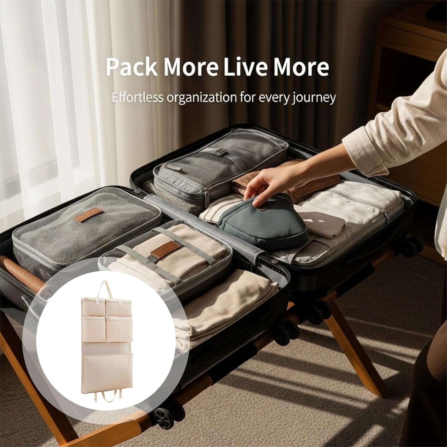 Manufacturer Travel Hanging Organizer 6-in-1 Closet Suitcase with Custom Logo Multi-Layer Pockets Portable Packing Cubes for Clothes and Underwear Private Label Beige 8.3x6.7x2 in
