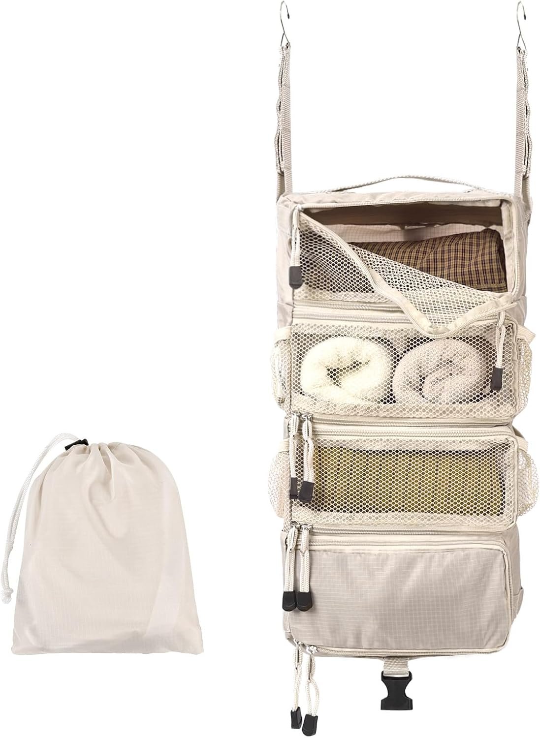 Private Label Travel Luggage Organizer - Hanging Packing Cubes & Portable Hanging Shelves Carry-On Closet for Suitcase, Collapsible with 2 Hooks and Custom Logo - Manufacturer (Beige, S)