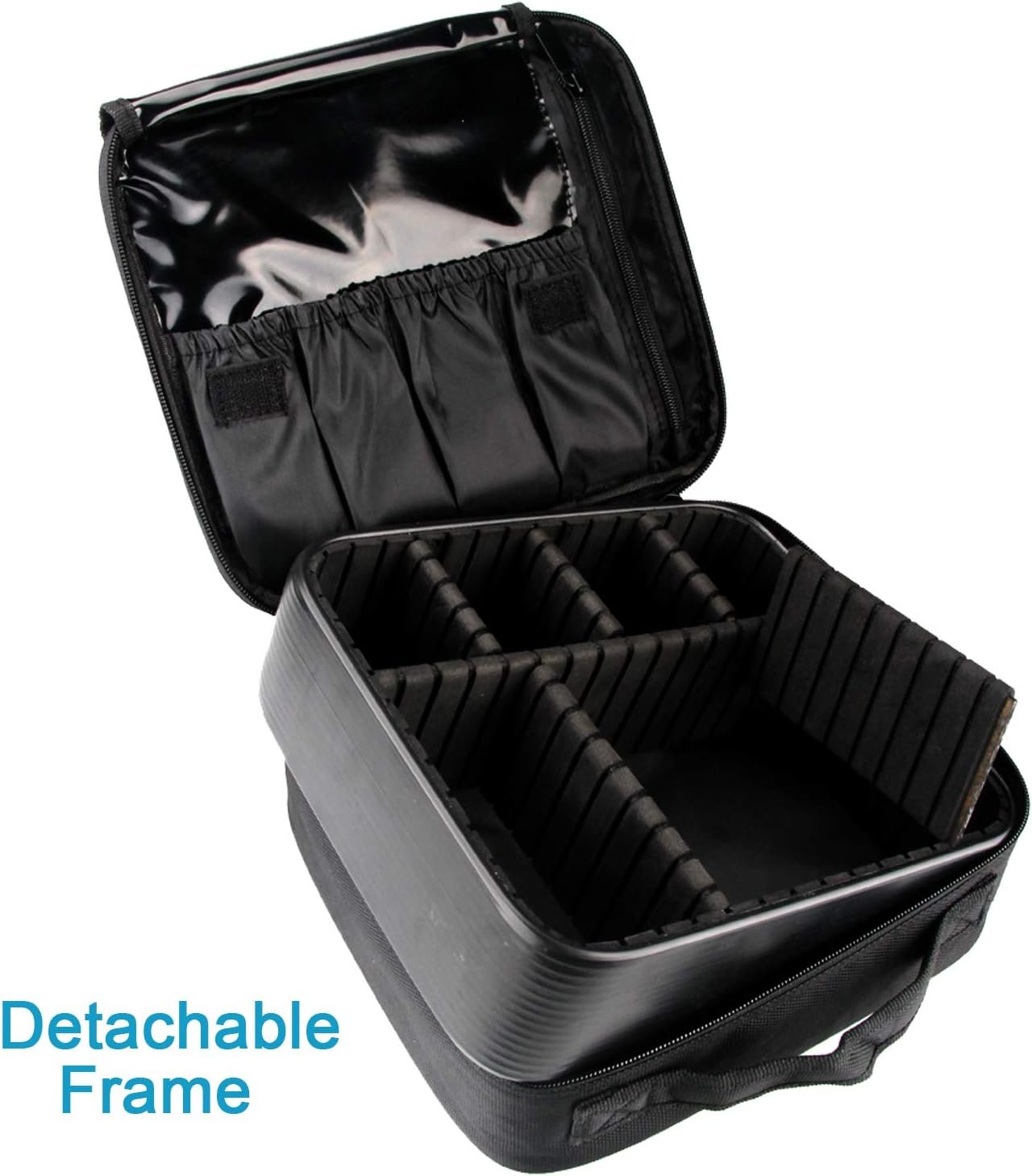 Private Label Travel Makeup Train Case Cosmetic Organizer Portable Artist Storage Bag with Custom Logo Adjustable Dividers for Makeup Brushes Toiletry Jewelry Digital Accessories Manufacturer Black