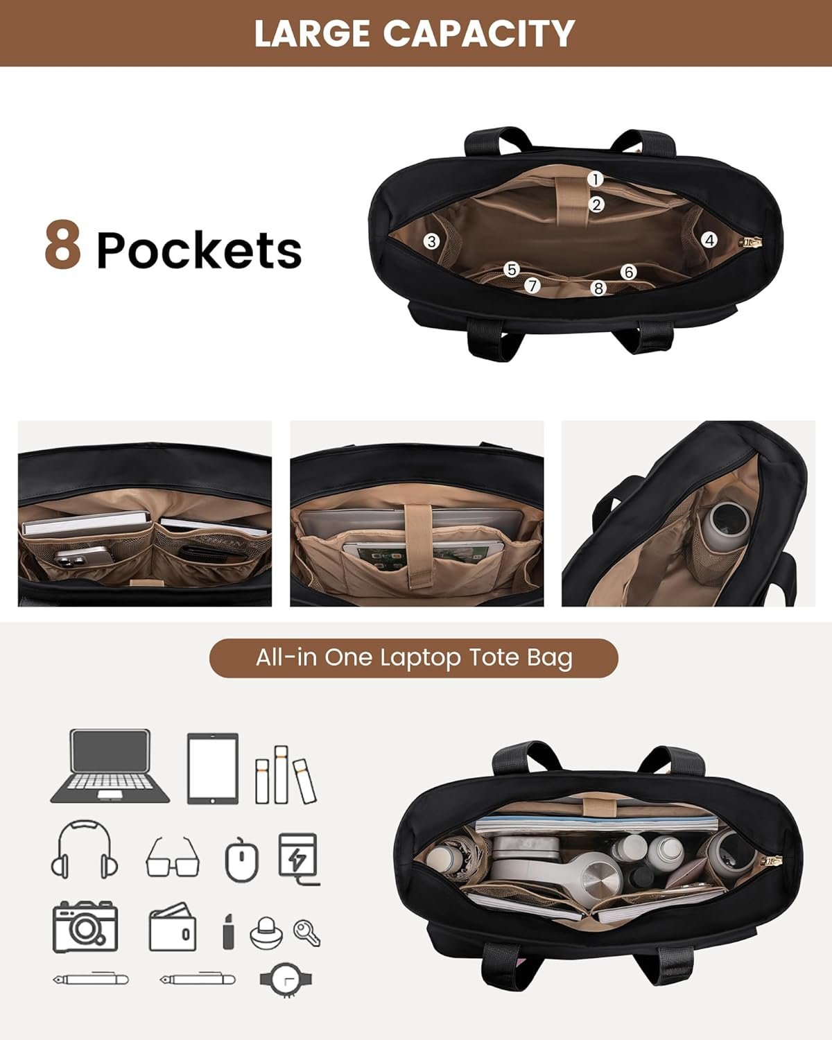 Private Label Teacher Tote Bag for Women 15.6 Inch Laptop Bag with Large Cup Pocket Custom Logo Large Capacity Multi Pockets Nurse Work Bag Professional Briefcase Business Purse Handbag Gifts Manufacturer Black