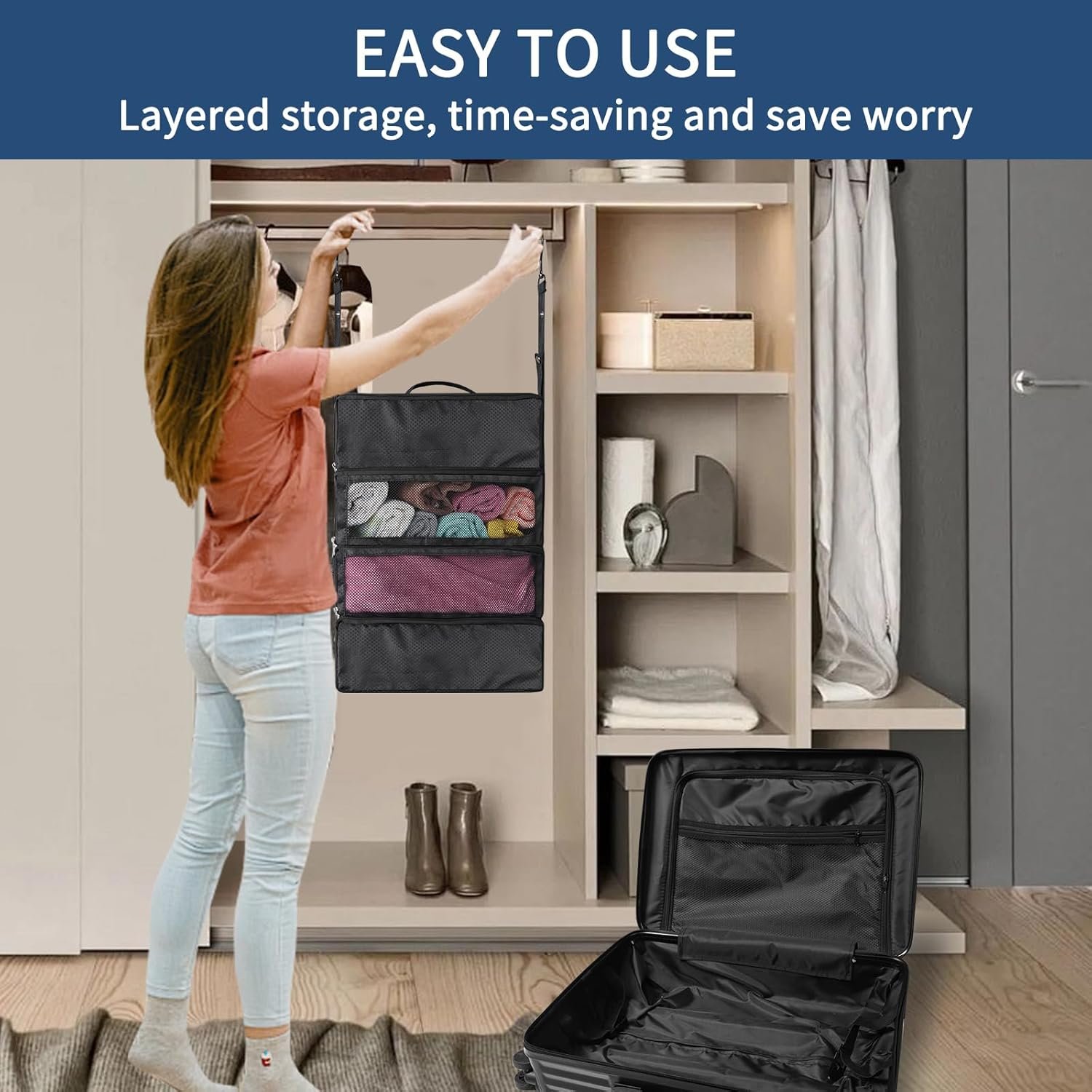 Private Label Portable Suitcase Organizer Hanging Packing Cubes for Travel with Custom Logo Collapsible Closet Organizer Manufacturer for Carry-On (Black, Medium)