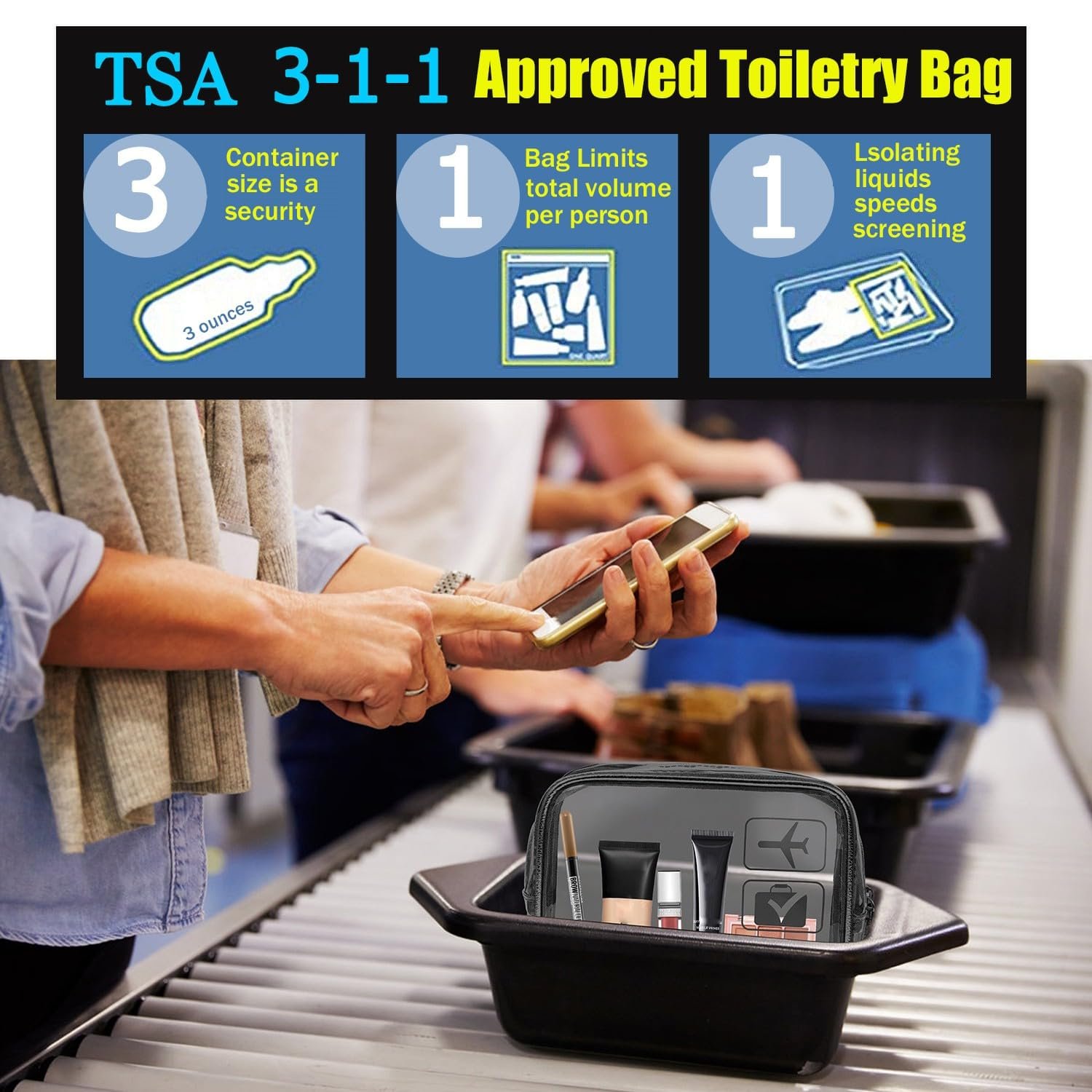 Custom Logo 3 Pcs TSA Approved Clear Quart Size Toiletry Bags Private Label Travel Makeup Cosmetic Carry-On Compliant for Men Women Airport Airline Black from Factory