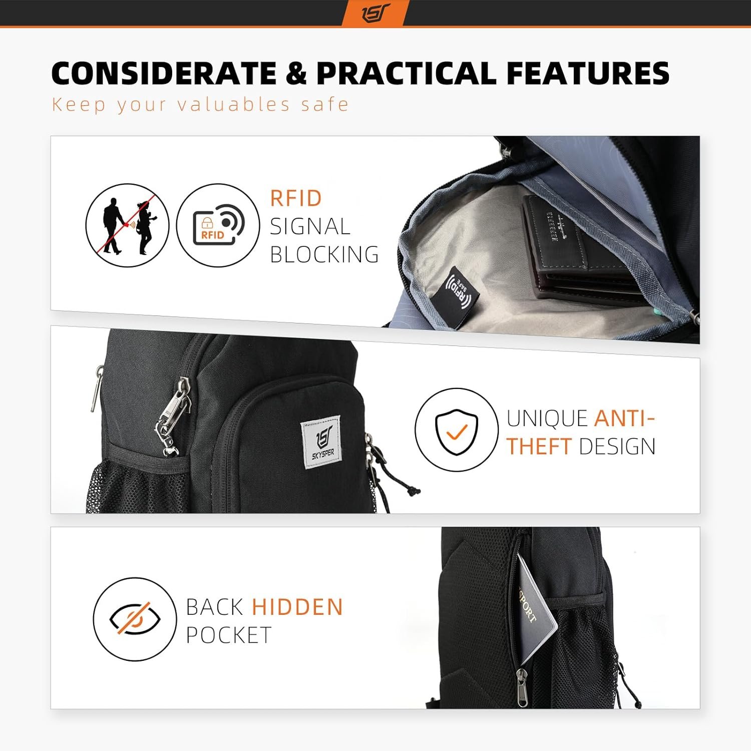 Manufacturer RFID Sling Crossbody Shoulder Bag Backpack Custom Logo Travel Hiking Daypack for Men Women Private Label Black