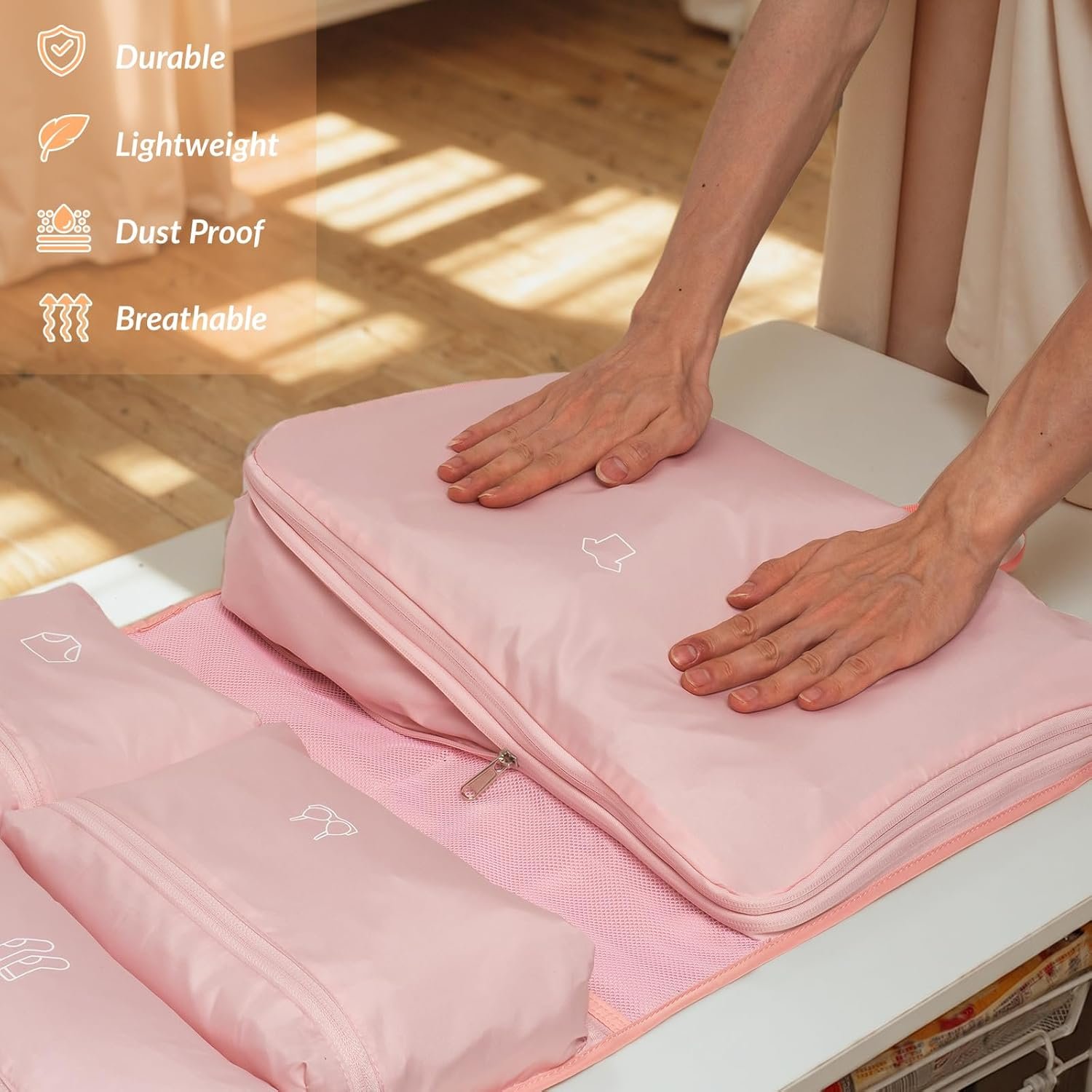 Manufacturer Hanging Packing Cubes, Private Label Garment Bags for Travel and Storage, Travel Apparel Bags for Men Women with 5 Solid Color Pockets, Custom Logo Storage for Clothes Socks Underwear Carry on Suitcase (Pink)