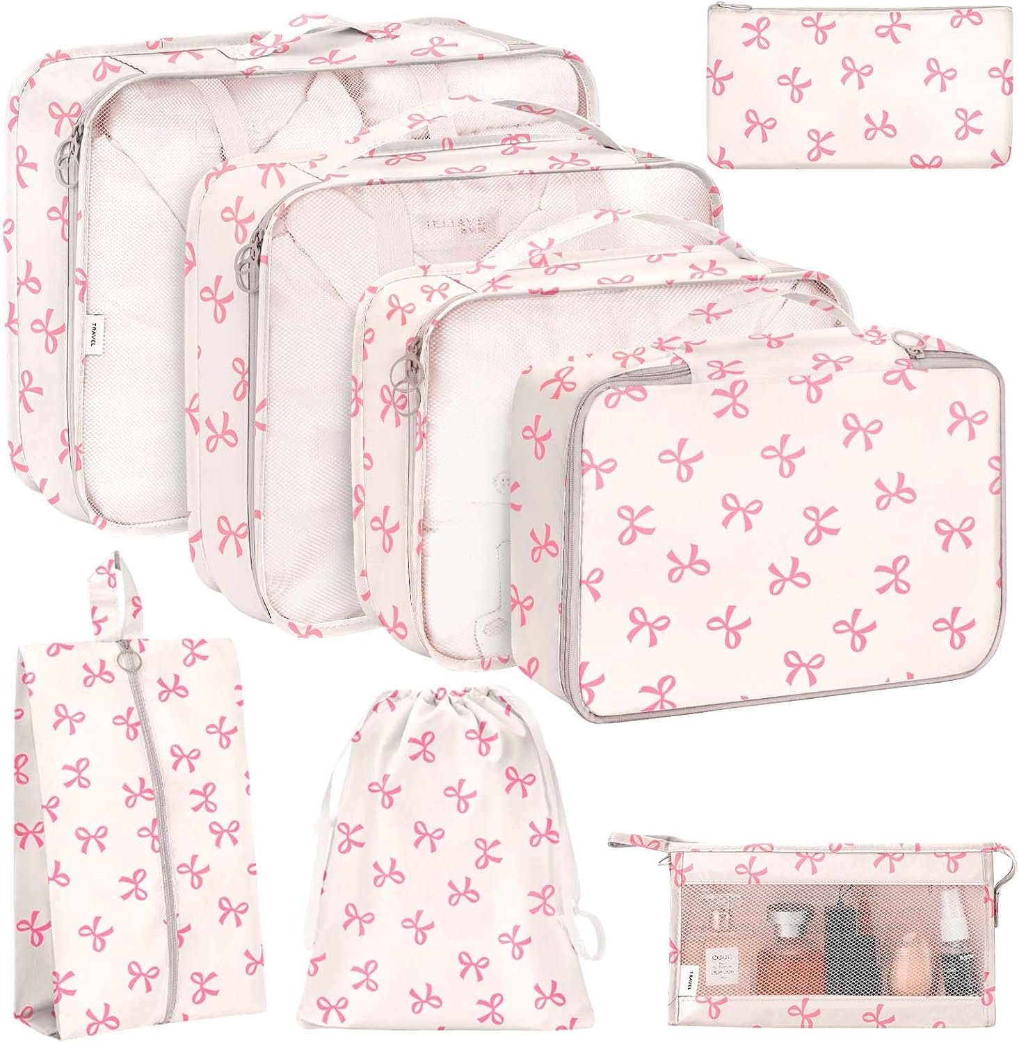 Custom Logo 8 Set Packing Cubes for Travel Luggage Packing Organizers Private Label Large Toiletries Bag for Clothes Shoes Cosmetics Factory Pink Bow