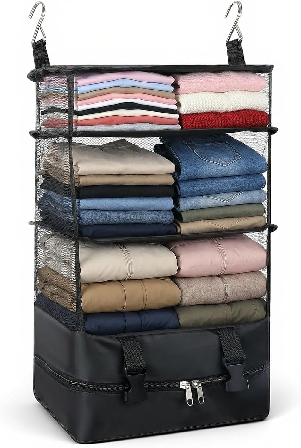 Private Label 4-Shelf Portable Hanging Travel Shelves Manufacturer Suitcase and Carry-On Closet Organizers Custom Logo Foldable Hangable Luggage Compression Bags