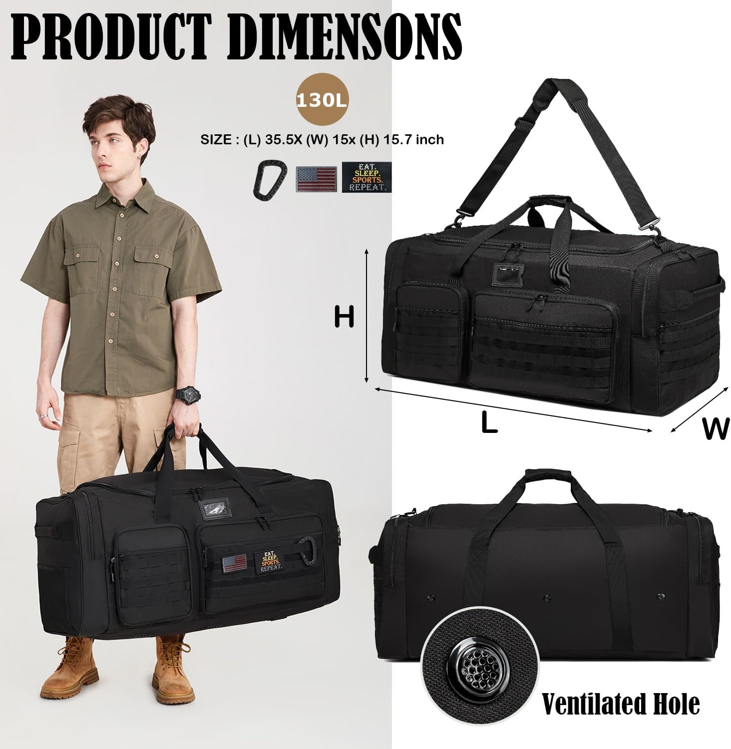 Private Label 130L Extra Large Heavy Duty Duffle Bag for Men Travel Sports Gym Equipment with Custom Logo for Hockey Football Baseball Soccer Basketball Drum Hardware Manufacturer