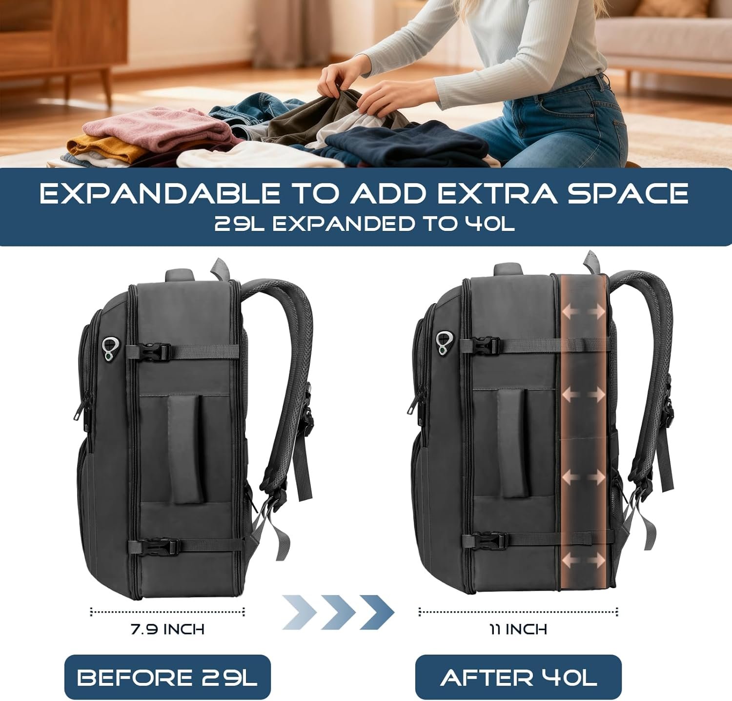 Private Label Travel Backpack Expandable Carry-On for Men TSA Approved 17.3 Inch Laptop Bag Flight Approved Lightweight Business Luggage with Custom Logo for Men Women Black Factory Direct