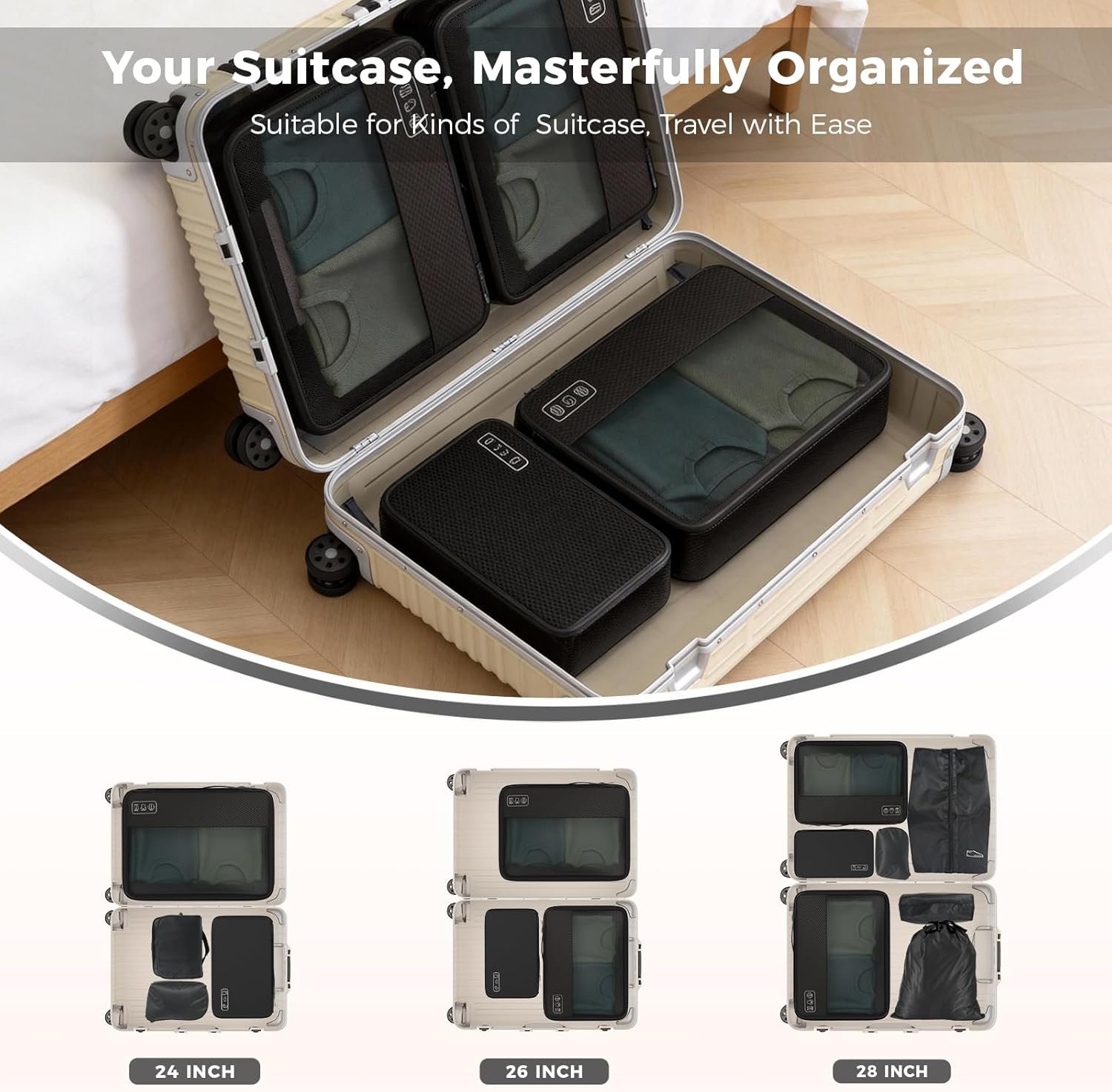 Custom Logo Ultralight 8-Set Compression Packing Cubes for Travel Private Label Suitcase Luggage Organizers with Toiletry Laundry Bags Manufacturer Black