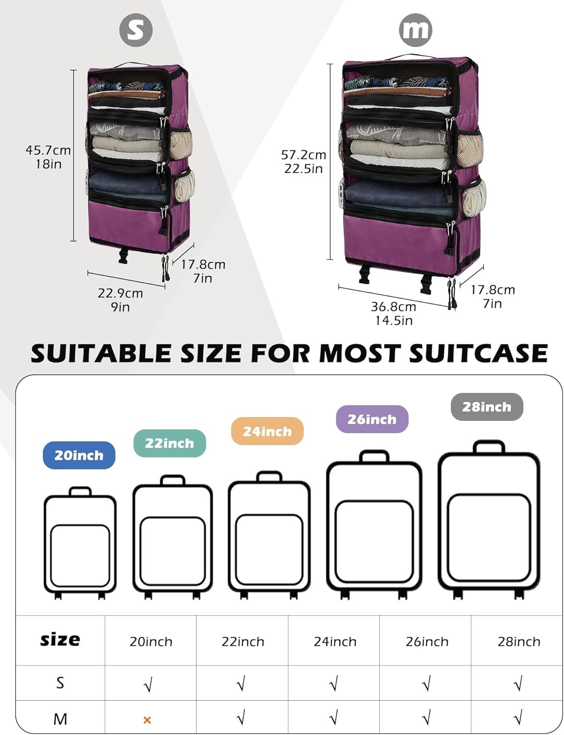 Private Label Hanging Packing Cubes All-in-One Ultra-Light Travel Shelves Portable Compression Organizer Bag Manufacturer for Carry-On Luggage Suitcase Closet Wardrobe Accessories Custom Logo Medium Purple