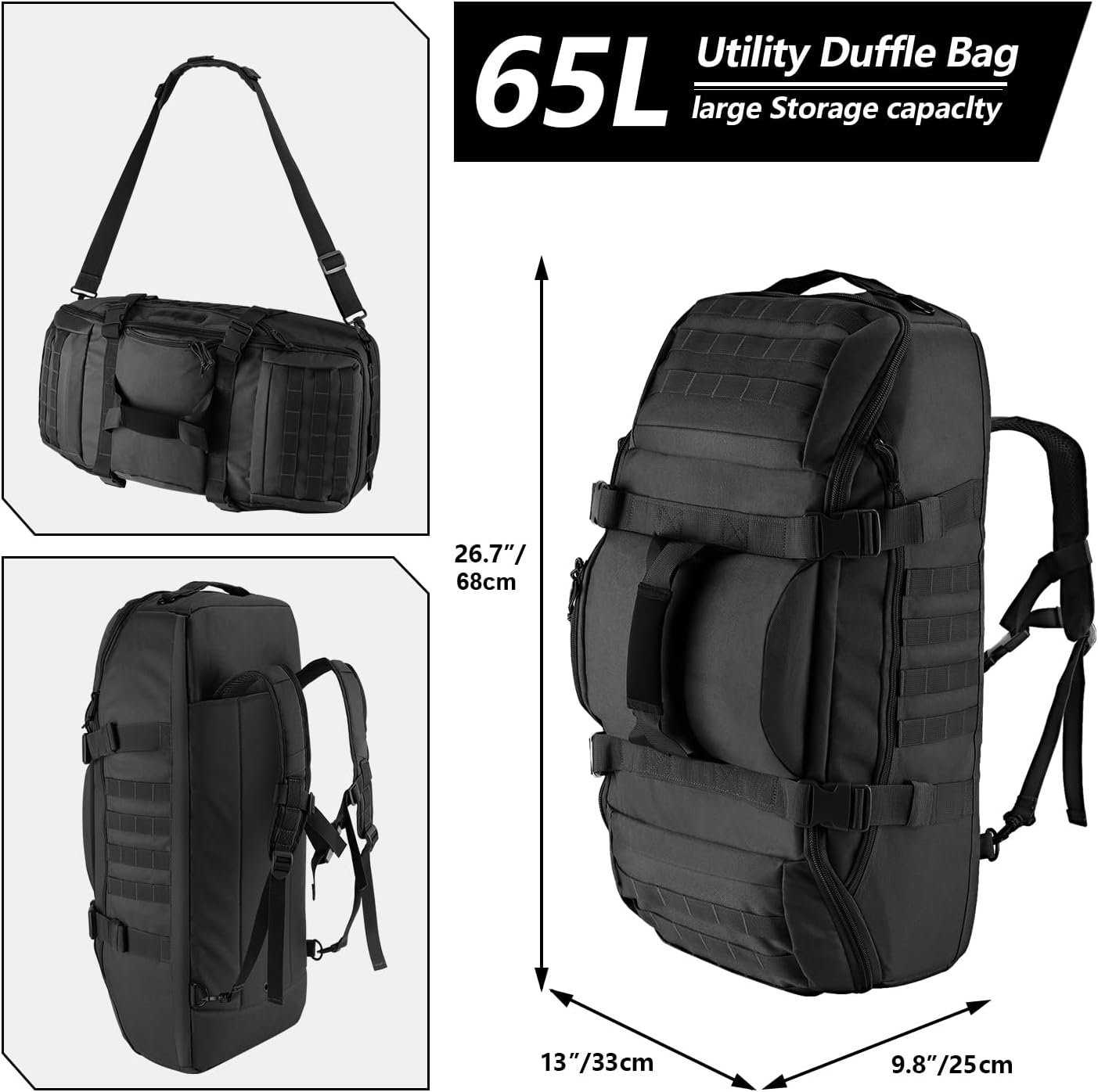Private Label 65L Large Black Duffle Bag with Custom Logo 3-in-1 Tactical Backpack MOLLE Pack for Sports Gym Outdoor Factory