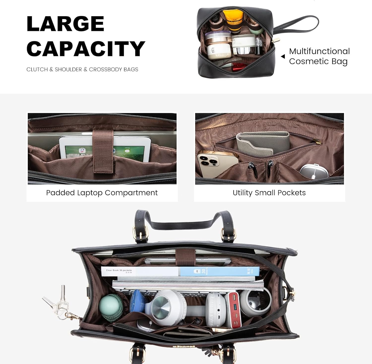 Custom Logo 15.6 Inch Women's Lightweight PU Laptop Tote Bag Large Capacity with Clutch Purse for Business Office Travel Private Label Manufacturer Black Leather