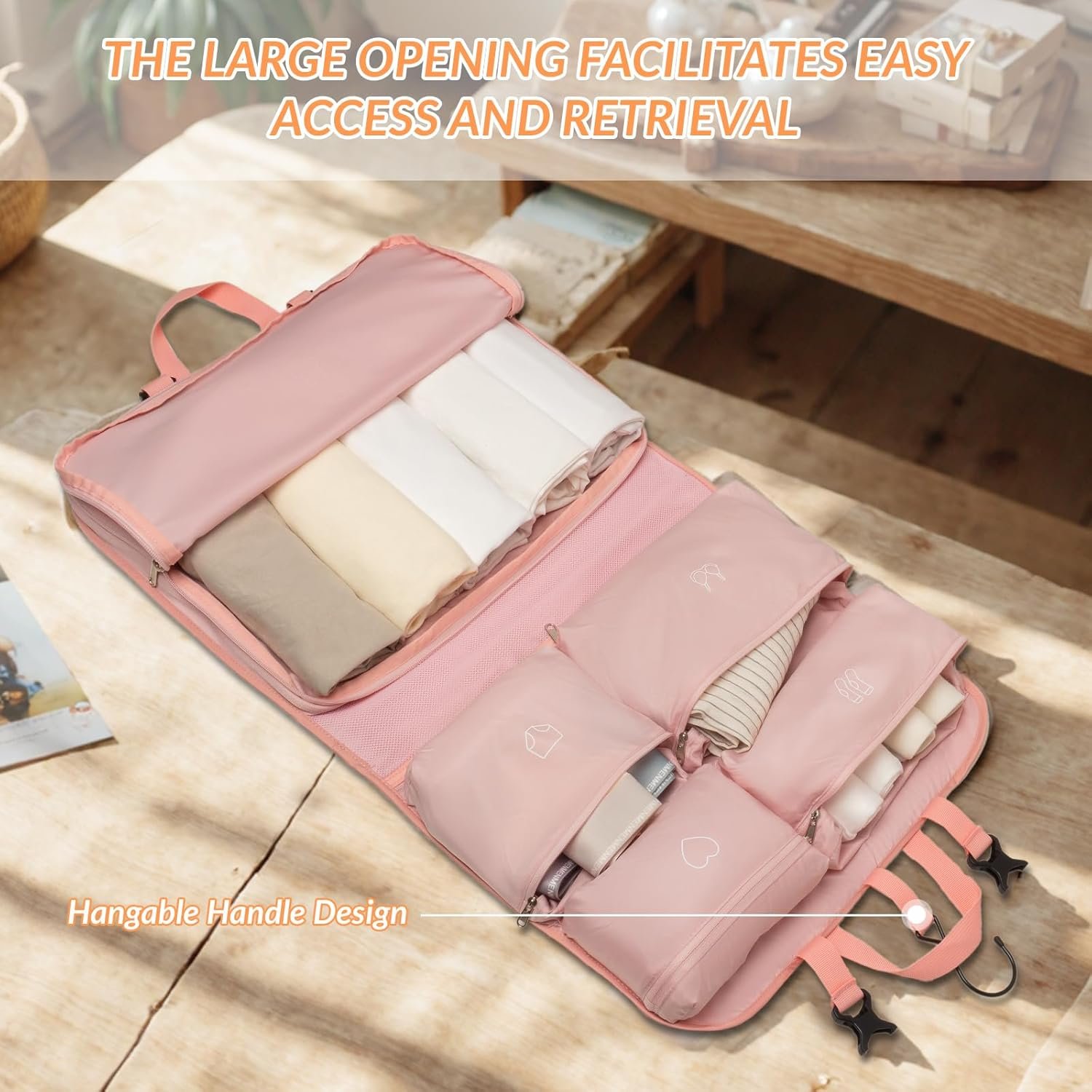 Manufacturer Hanging Packing Cubes, Private Label Garment Bags for Travel and Storage, Travel Apparel Bags for Men Women with 5 Solid Color Pockets, Custom Logo Storage for Clothes Socks Underwear Carry on Suitcase (Pink)