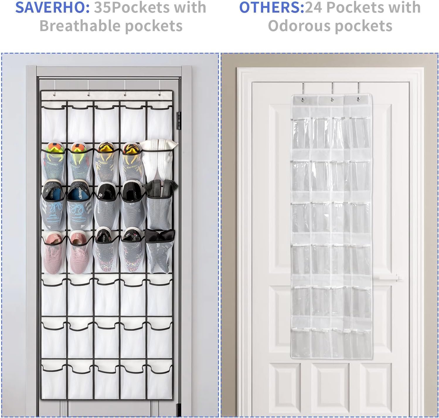 Private Label 35 Pockets Over the Door Shoe Organizer Manufacturer of Large Capacity Mesh Pockets Hanging Storage 4 Metal Hooks Custom Logo White 1Pack