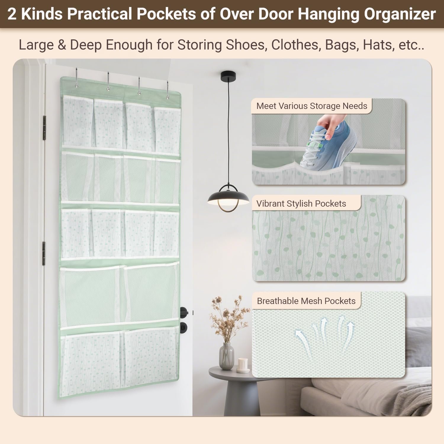 Custom Logo 16 Pockets Over Door Hanging Organizer Private Label Back of Door Shoes Organizer with 4 Kinds of Pouches Factory Closet Hanging Shelf Holder for Socks Hats Underwear Travel Outfits Home Dorm RV Storage