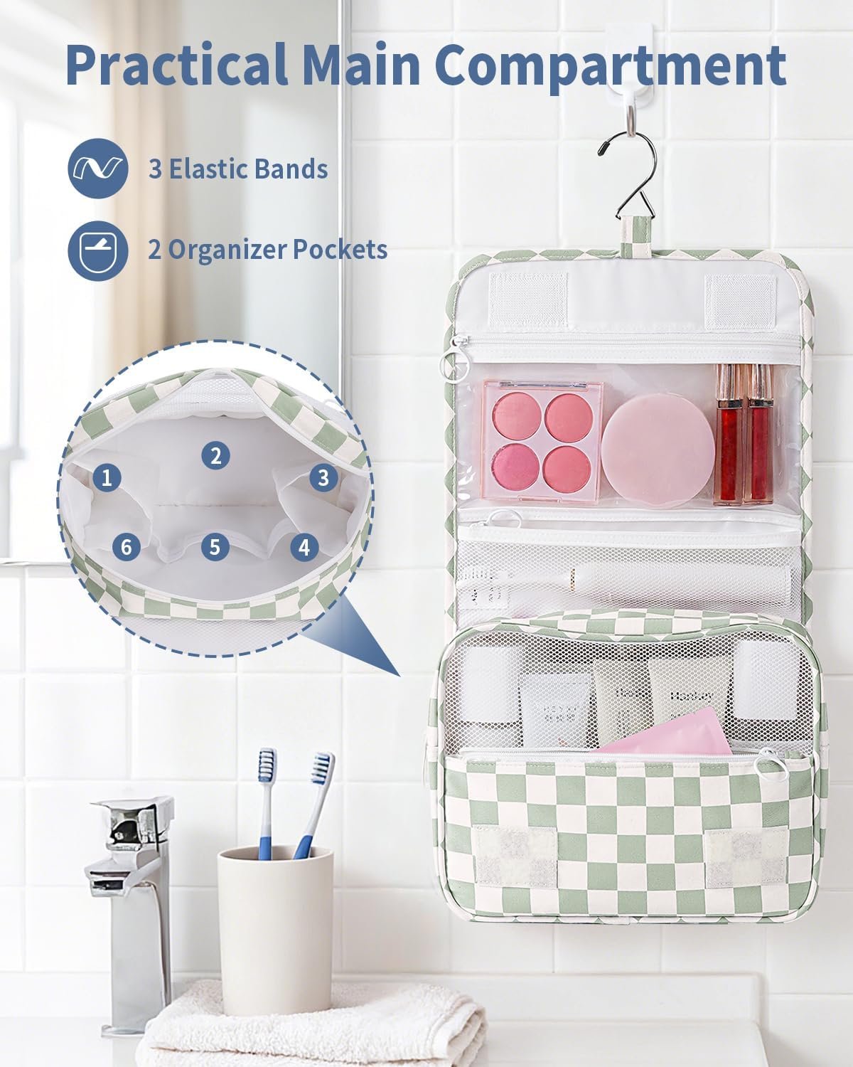 Private Label Small Hanging Travel Toiletry Bag for Traveling Women, Custom Logo Checkered Makeup Cosmetic Organizer Manufacturer (Mint Green Checkerboard)