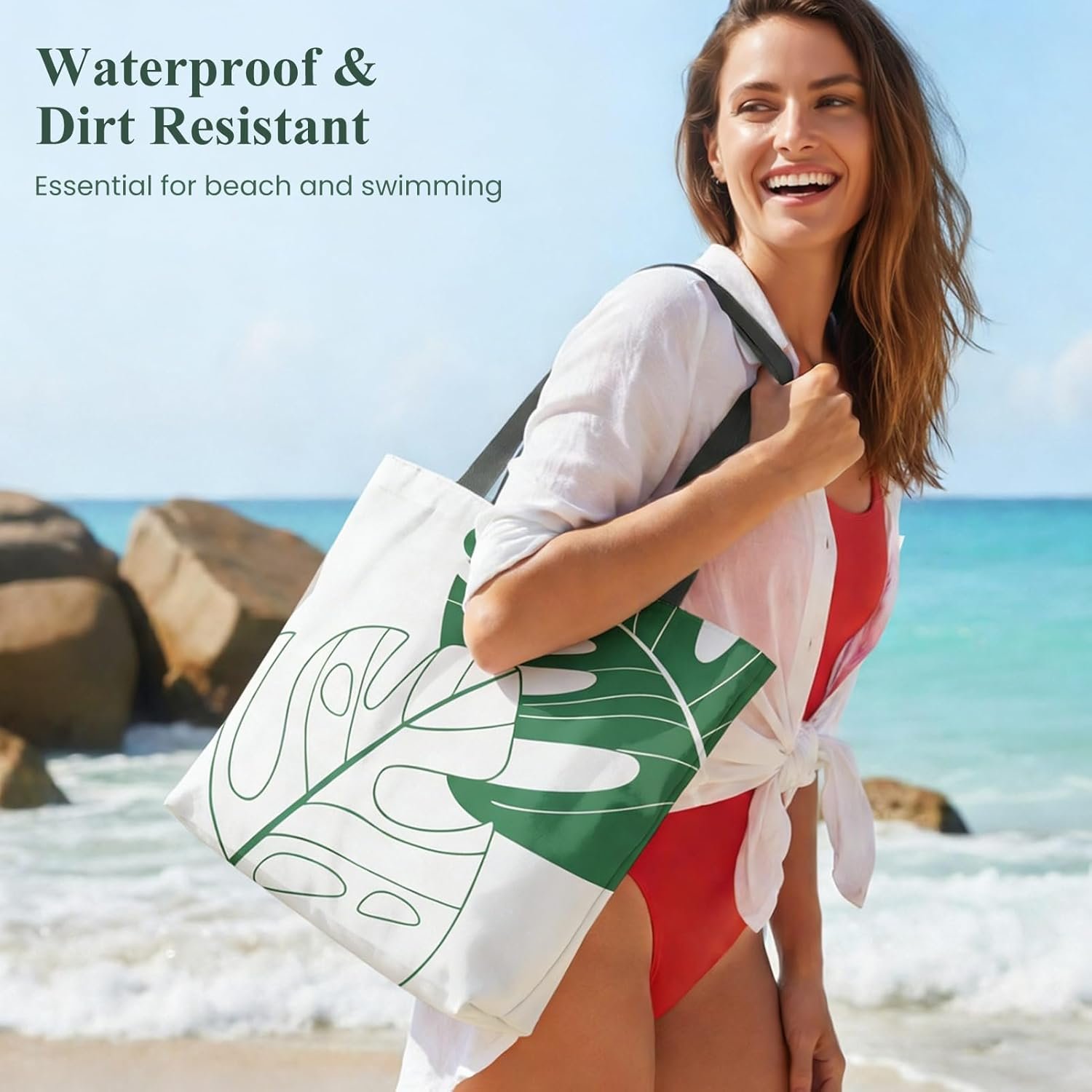 Custom Logo Zipper Beach Tote Bag 15x18in Waterproof Expandable Lightweight Large Capacity Manufacturer Tear-Resistant Shoulder Bag Private Label Versatile for Swimming Pool Travel Shopping