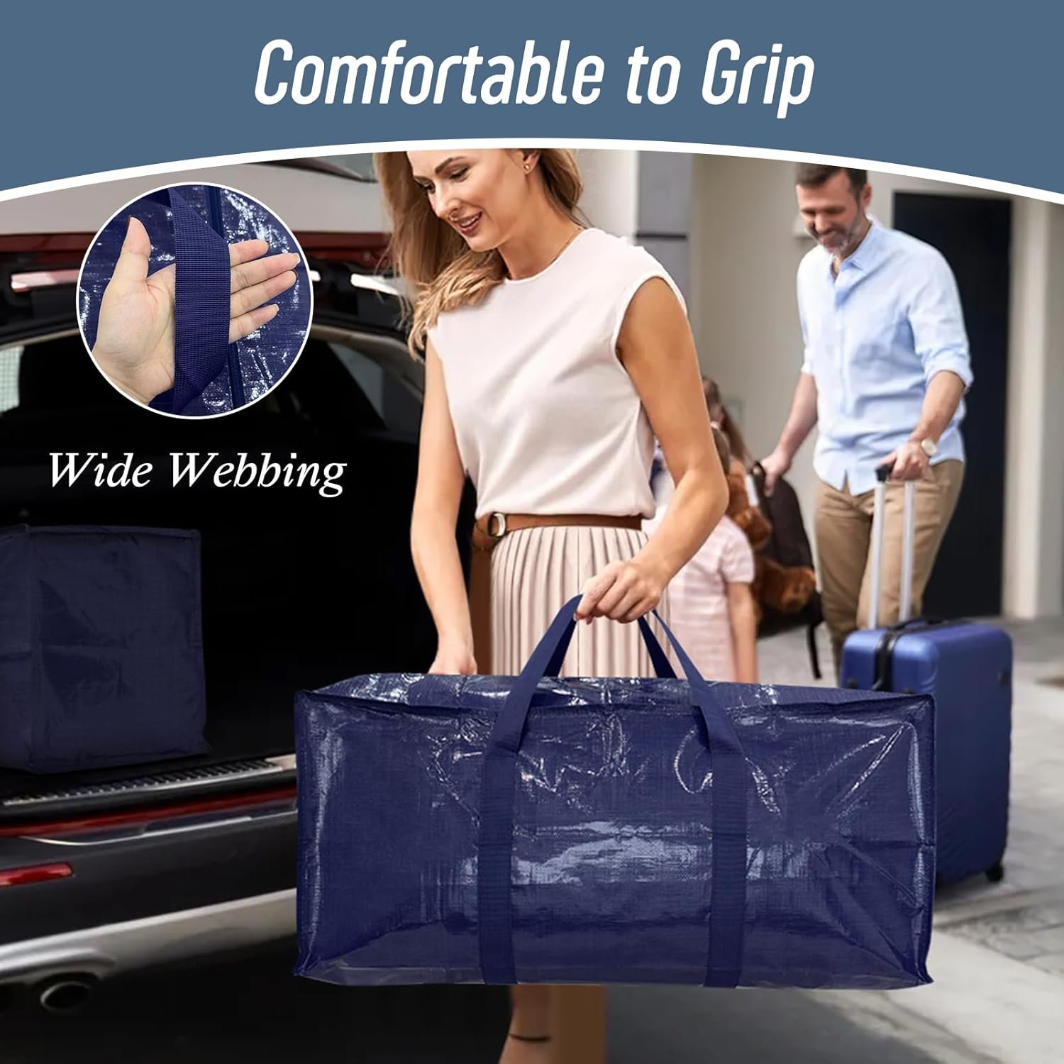 Private Label 6 Pack Extra Heavy Duty Large Moving Bags with Strong Zipper Comfortable Handles, Manufacturer Sturdy Durable Clothes Storage Totes Bins, Custom Logo Dark Blue Packing Bags for College Supplies