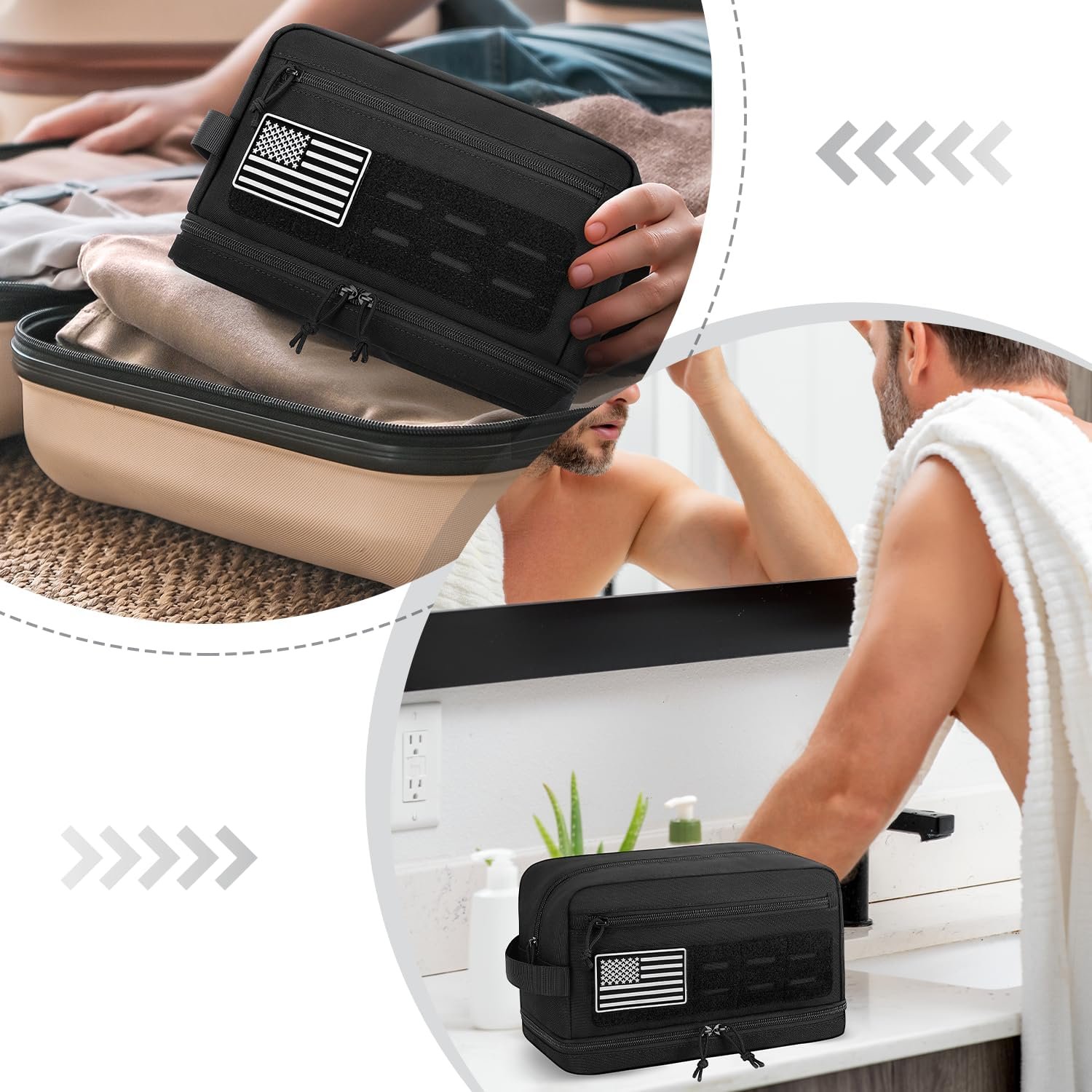 Private Label Tactical Toiletry Bag for Men Double Layer Hanging Water Resistant Shaving Dopp Kit with EDC Molle Pouches Travel Hygiene Organizer Bathroom Shower Makeup for Women Manufacturer Custom Logo Black