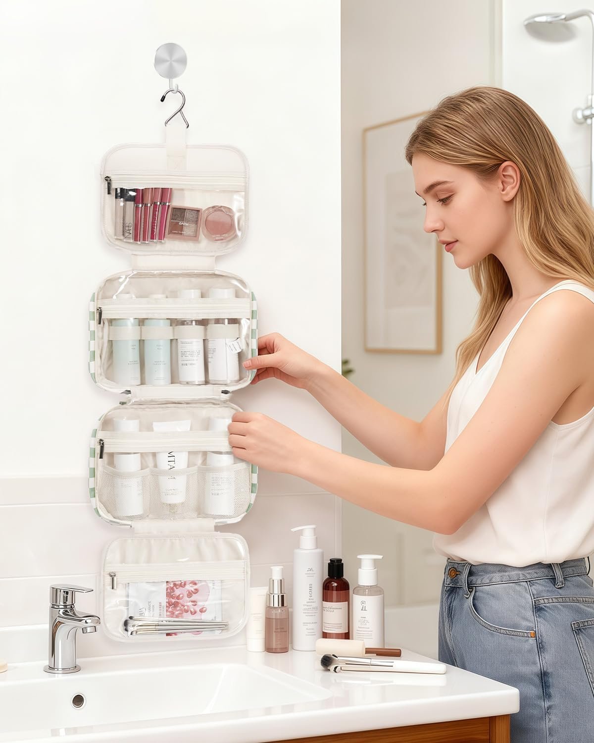 Private Label Hanging Toiletry Bag for Women Travel Checkered Makeup Organizer Toiletries for Essentials Accessories Brushes Cosmetics Custom Logo Manufacturer Green Checkerboard Medium