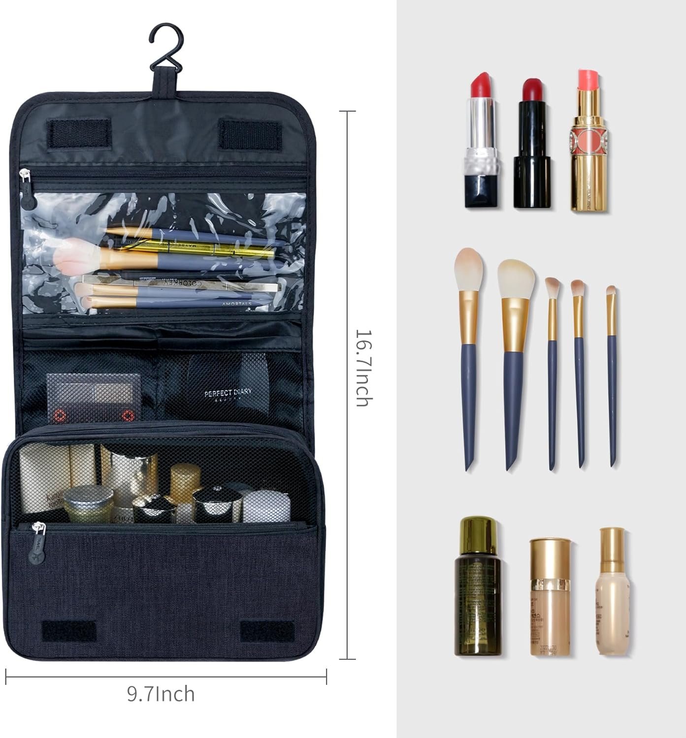 Manufacturer Large Capacity Toiletry Bag with Hanging Hook for Men and Women Private Label Waterproof Travel Cosmetic Bag Custom Logo Bathroom Storage for Brushes Full-Sized Shampoo Toiletries Accessories Black