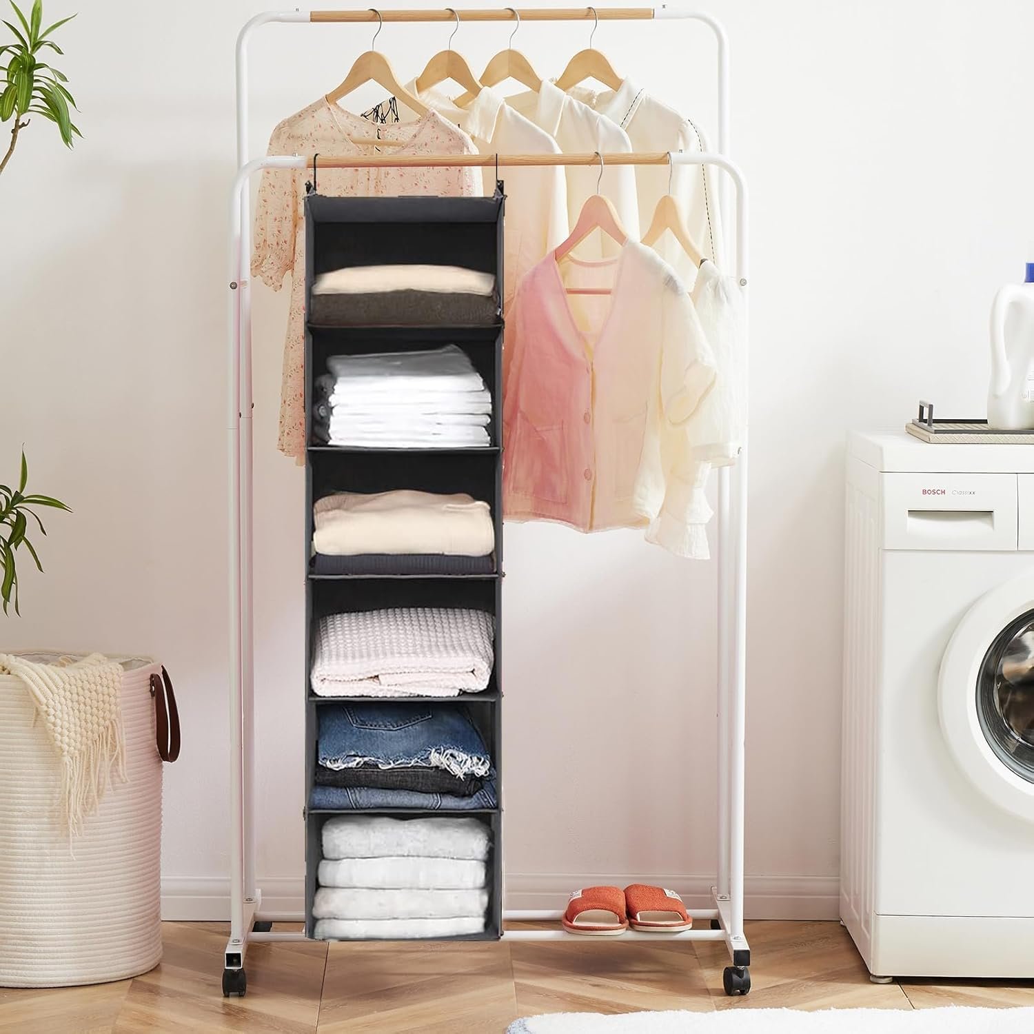 Private Label 6 Tier Hanging Closet Shelf Organizer with 2 Sturdy Hooks Custom Logo Foldable Grey Manufacturer