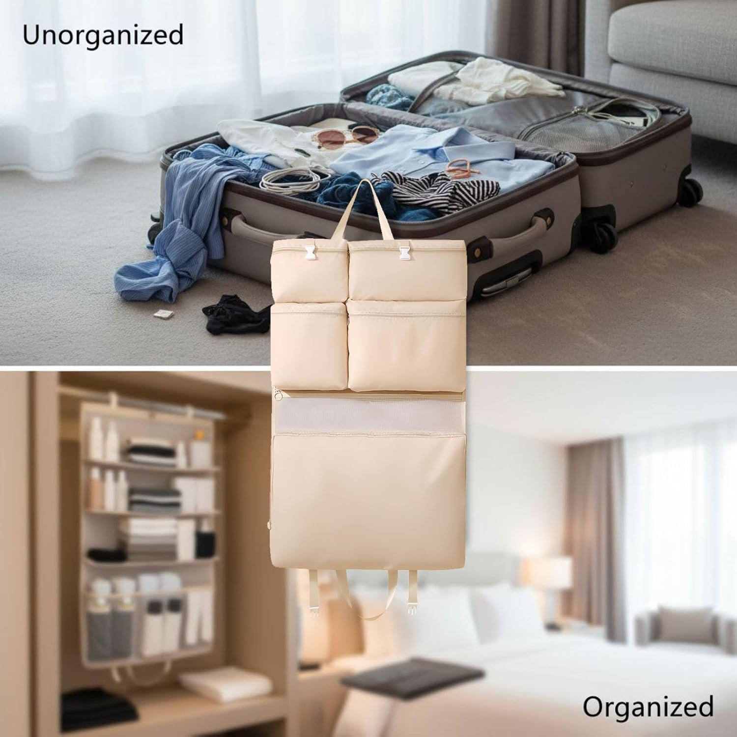 Manufacturer Travel Hanging Organizer 6-in-1 Closet Suitcase with Custom Logo Multi-Layer Pockets Portable Packing Cubes for Clothes and Underwear Private Label Beige 8.3x6.7x2 in