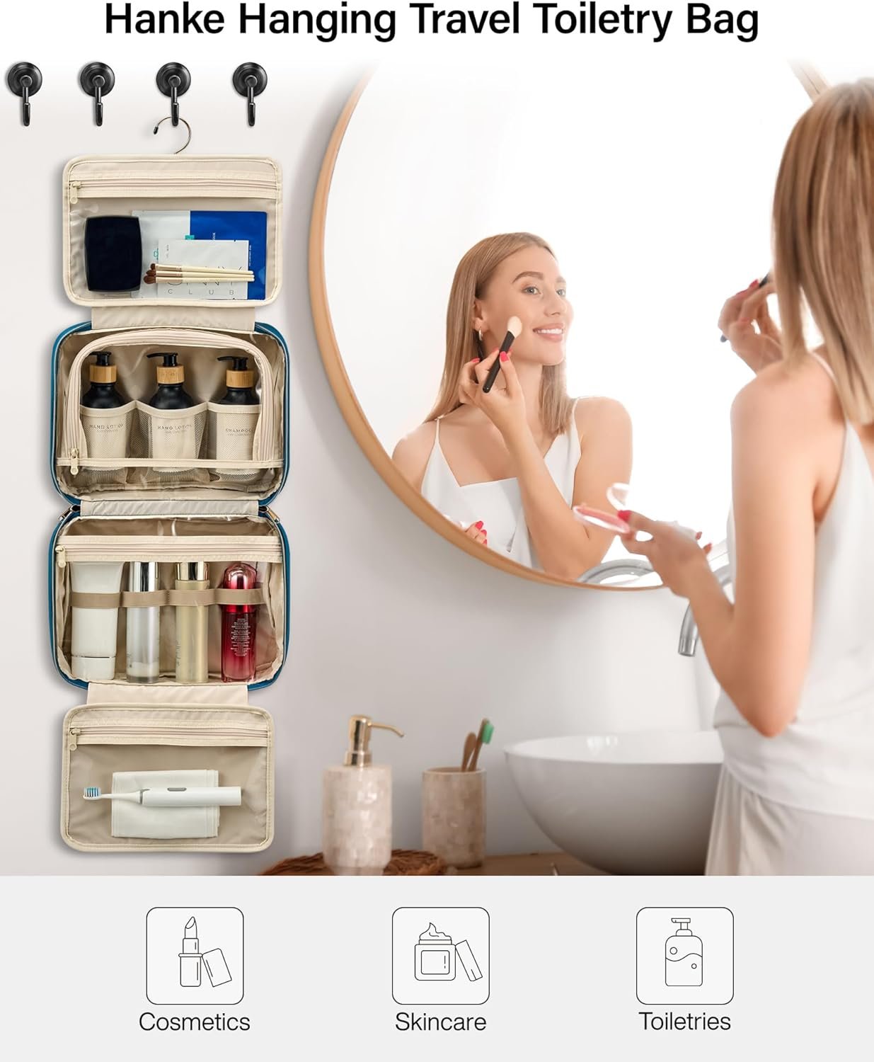 Custom Logo Hanging Travel Toiletry Bag for Women Water-Resistant Private Label Makeup Organizer with Hook Cosmetic Bag for Bathroom and Travel Essentials Manufacturer Off White